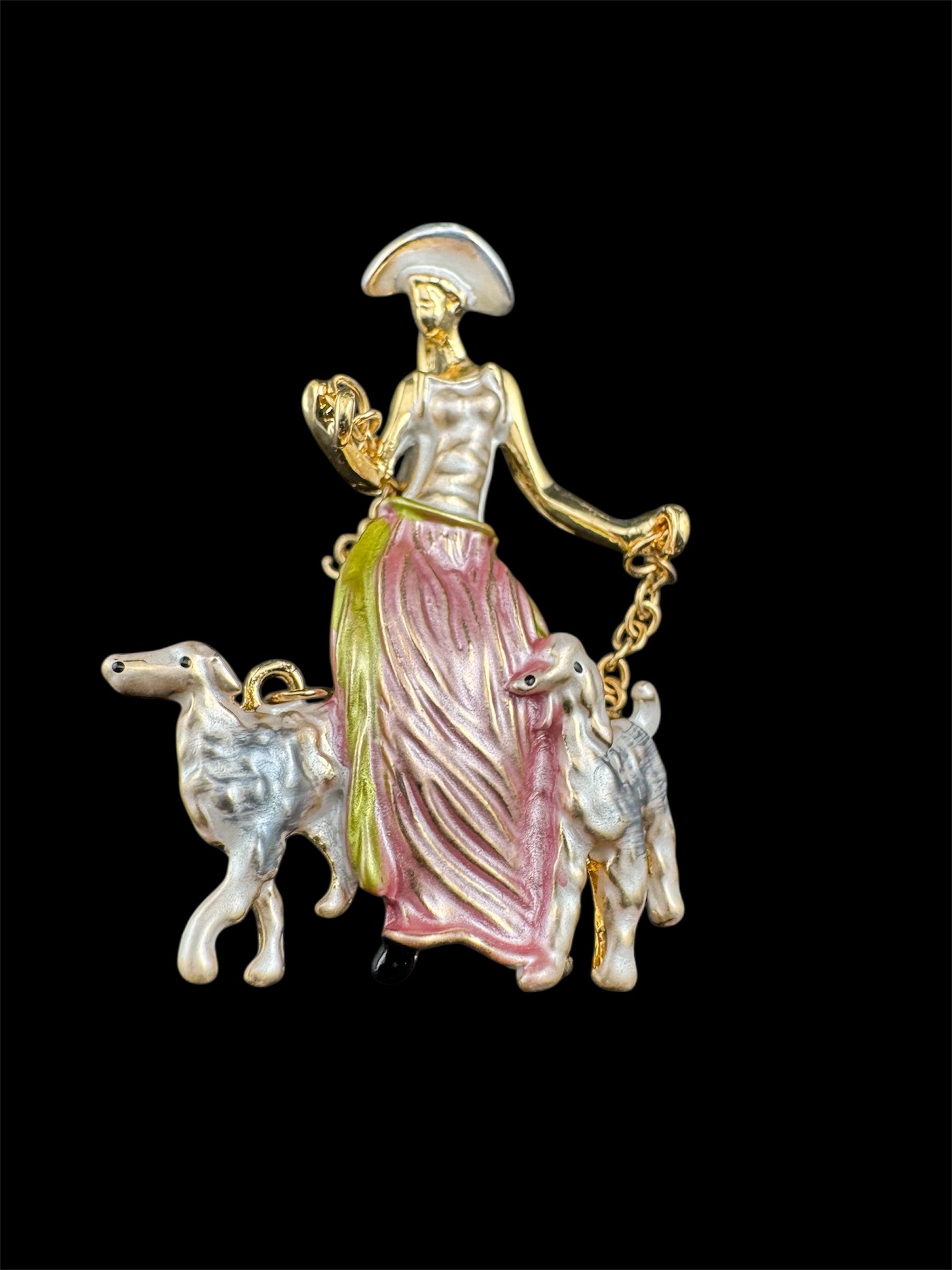 Pink art deco lady with french poodle dogs on leads brooch