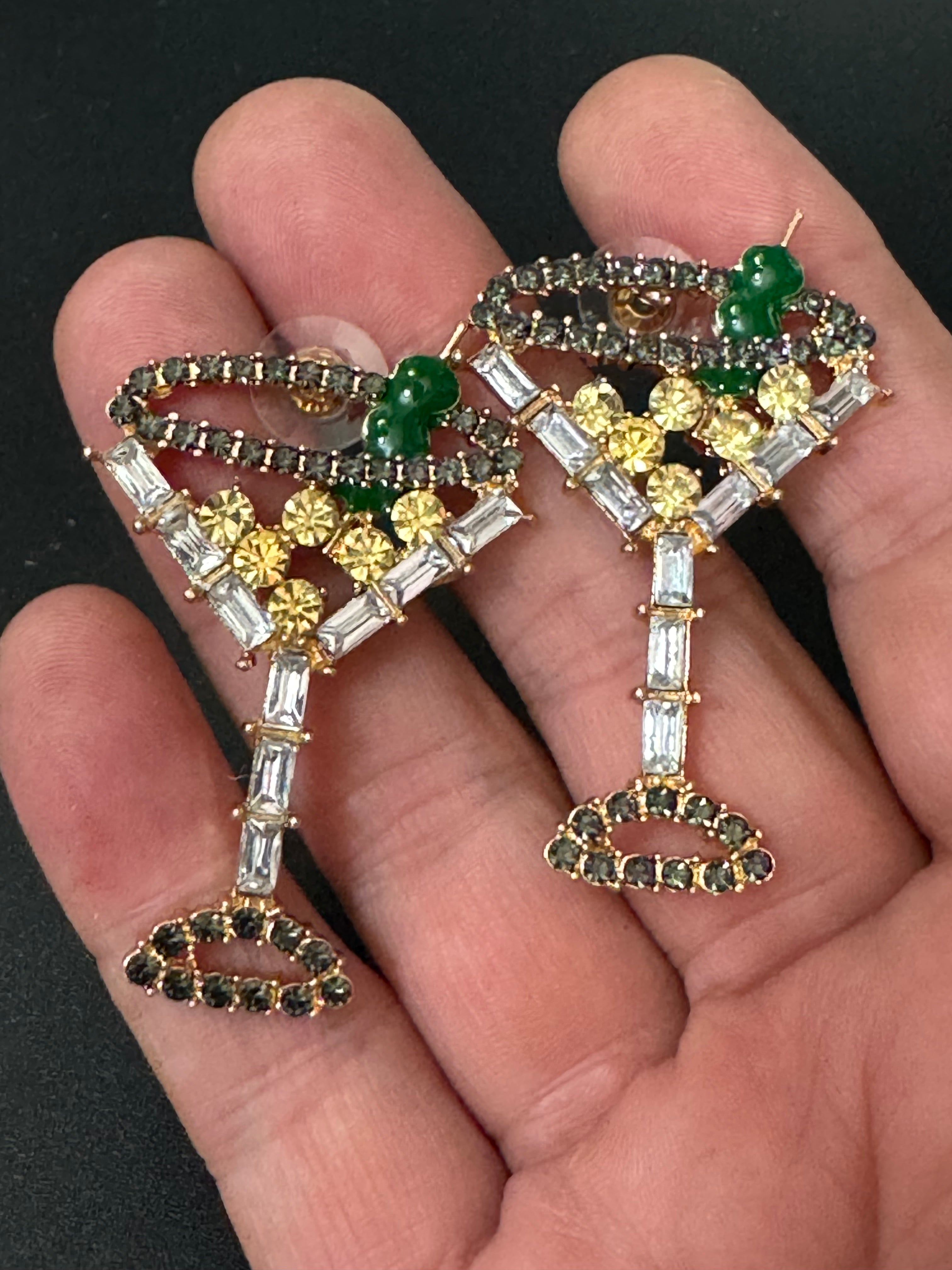 Novelty oversized diamanté crystal gin champagne cocktail earrings
