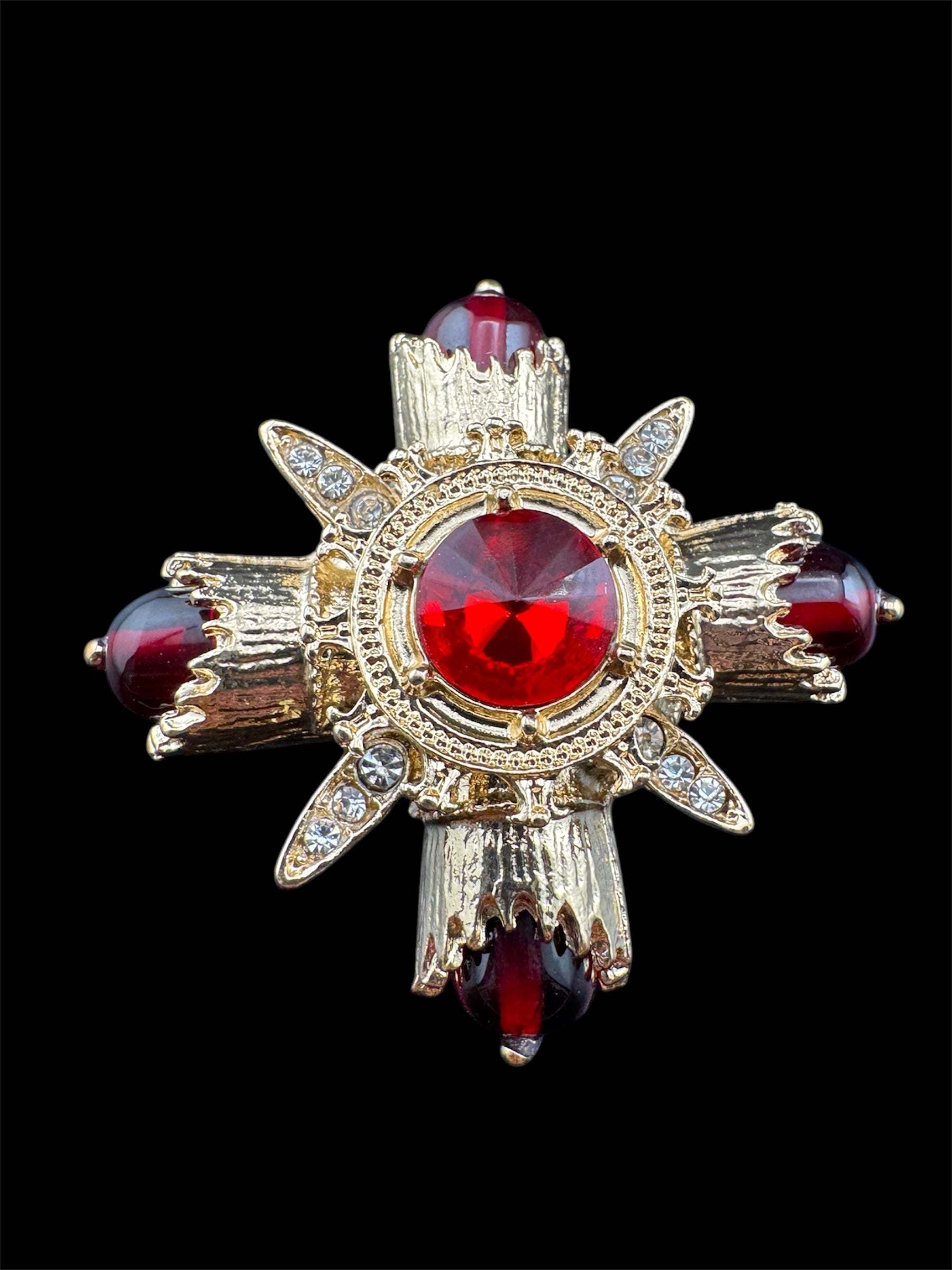 Statement Medieval style gold ruby rhinestone cross brooch