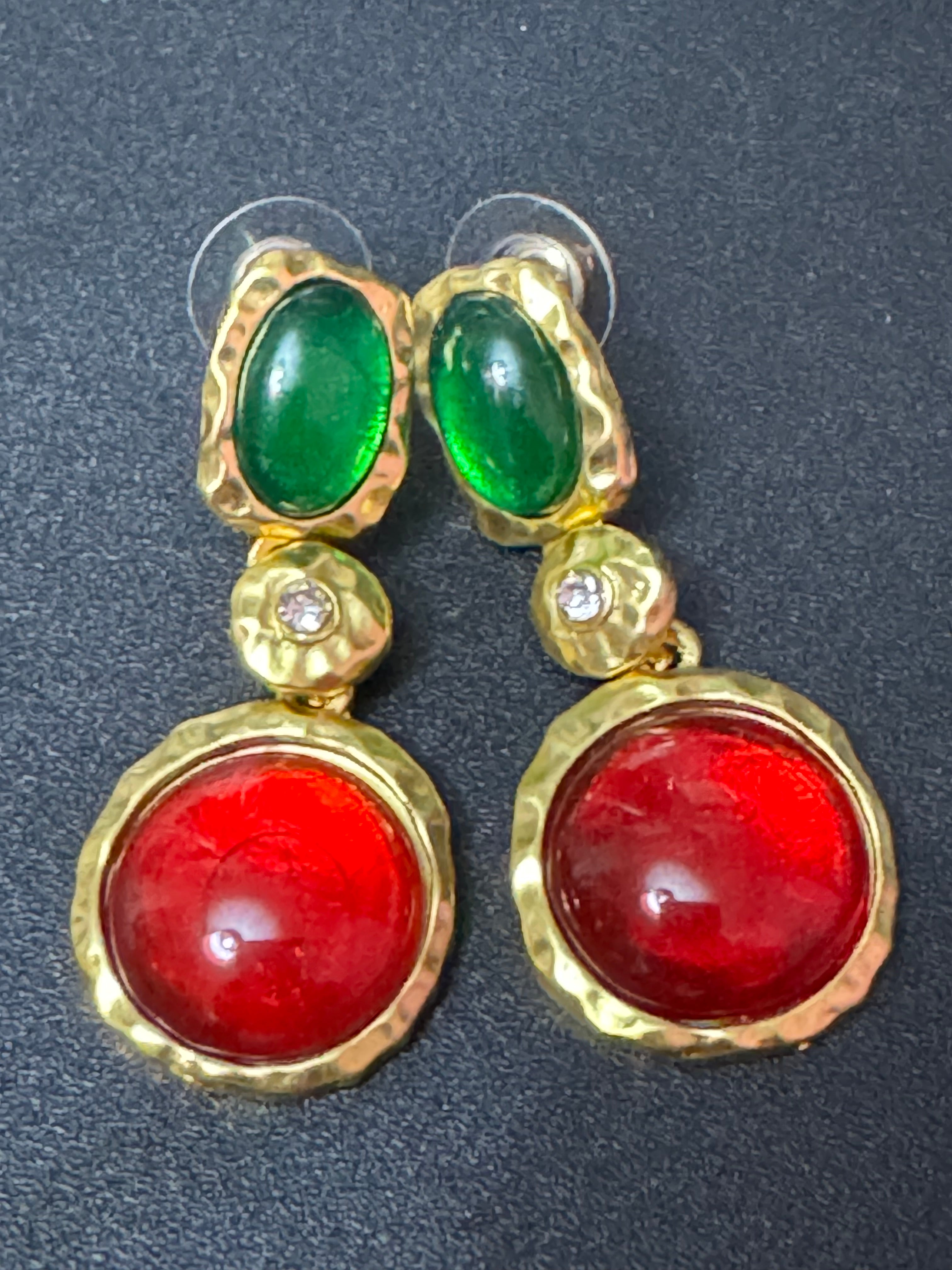 Matt gold tone Gripoix style crystal red and green cabochon earrings pierced