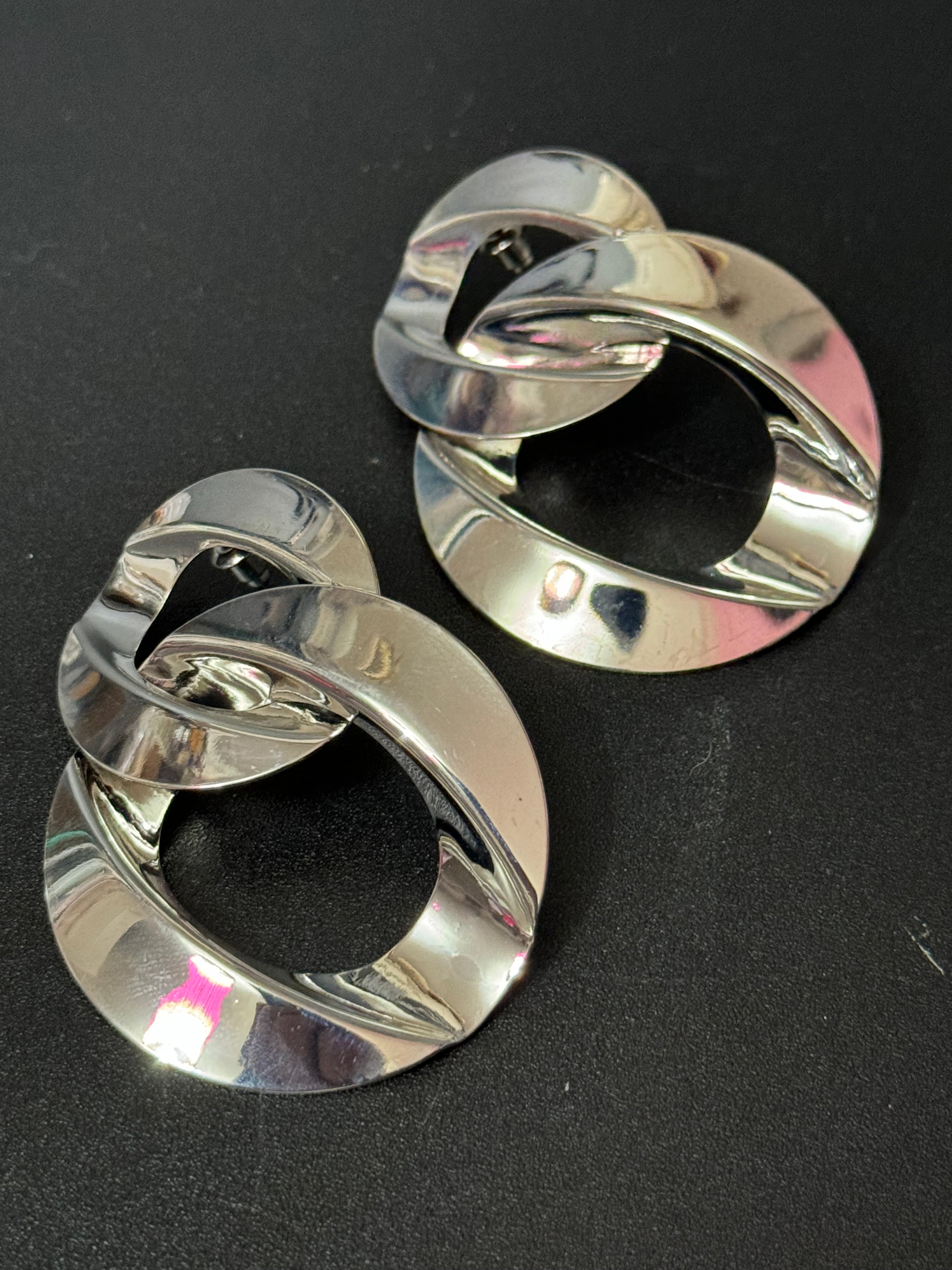 Oversized silver flat chain link drop earrings pierced