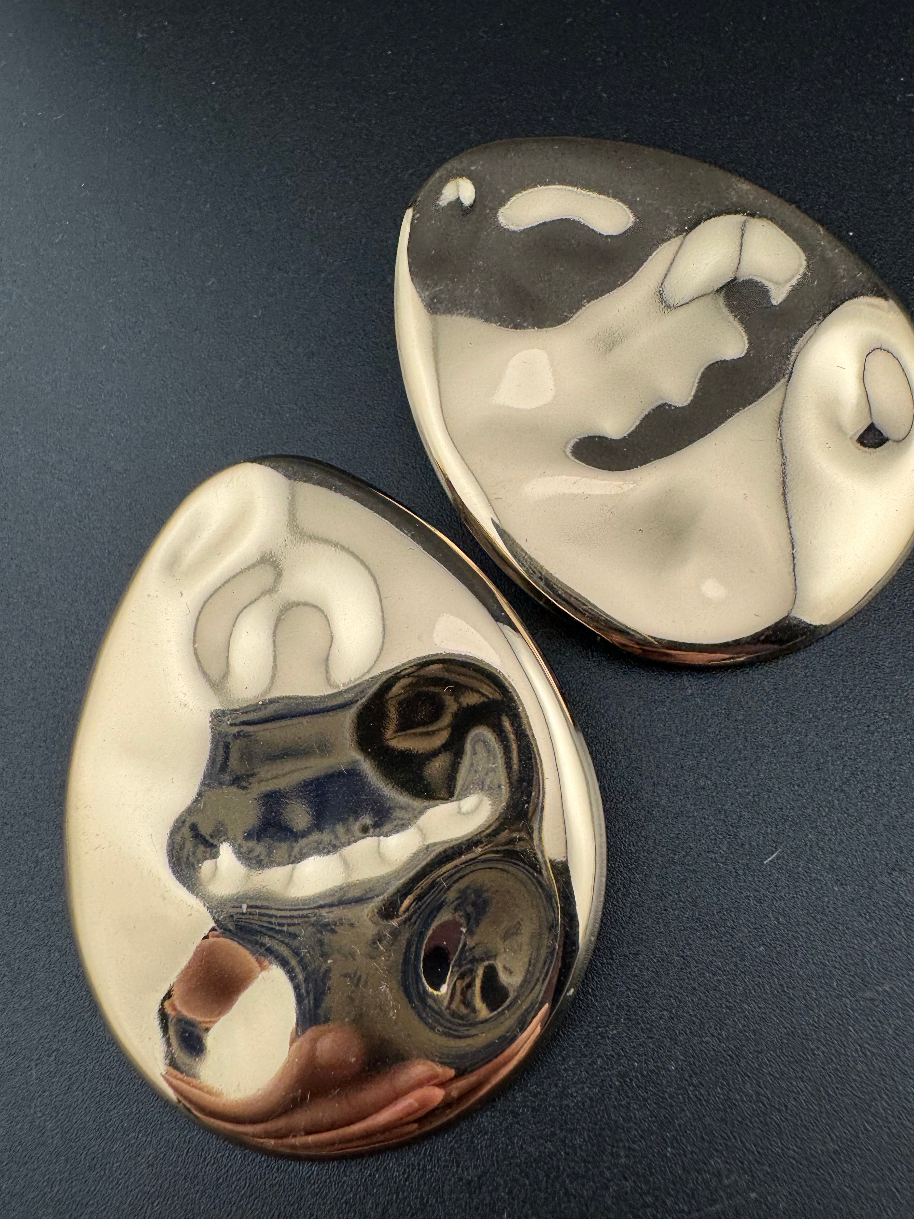 Oversized gold and silver tone flat abstract oval huge stud earrings pierced