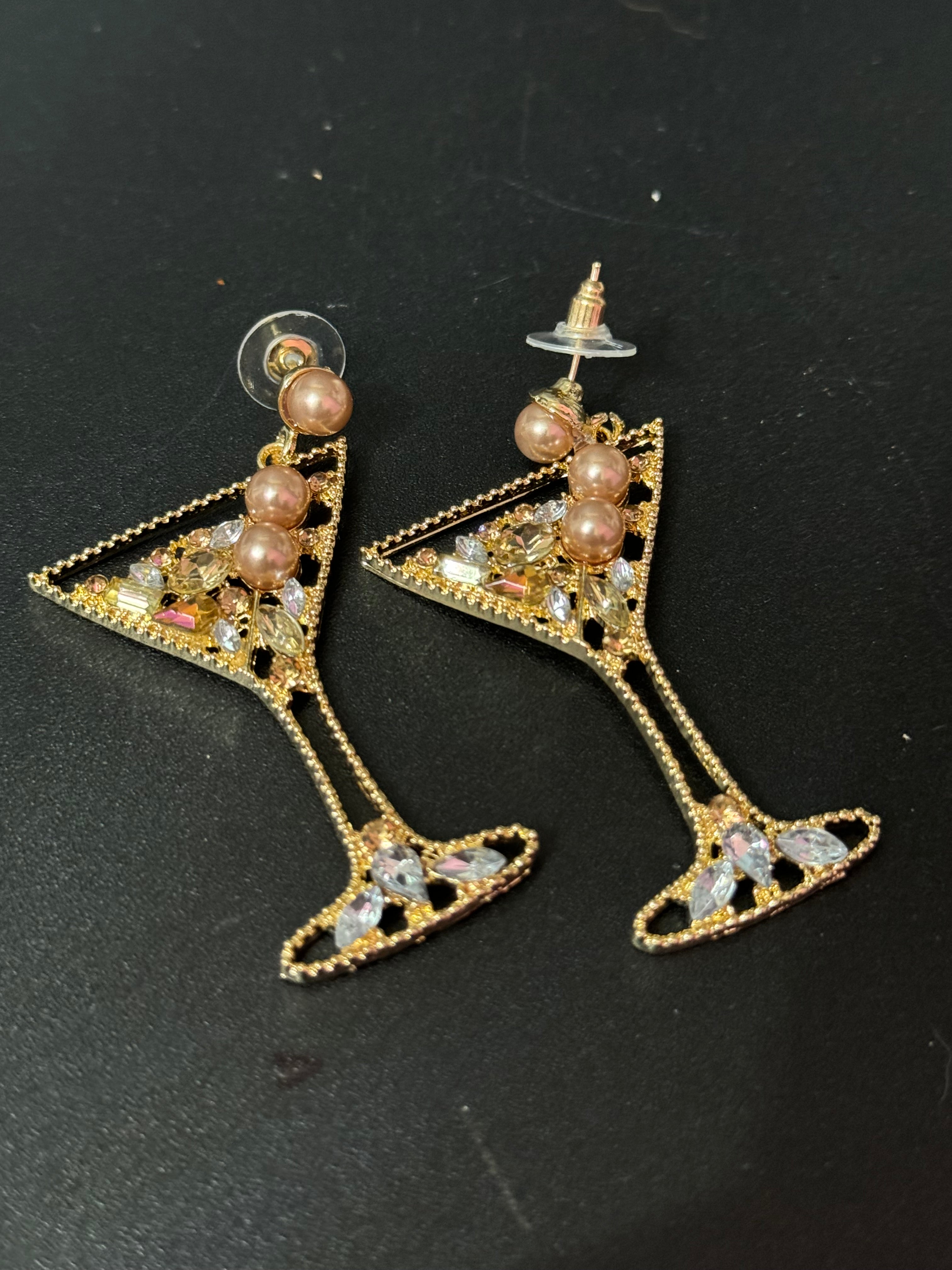 Novelty oversized faux pearl diamanté crystal champagne cocktail glass earrings