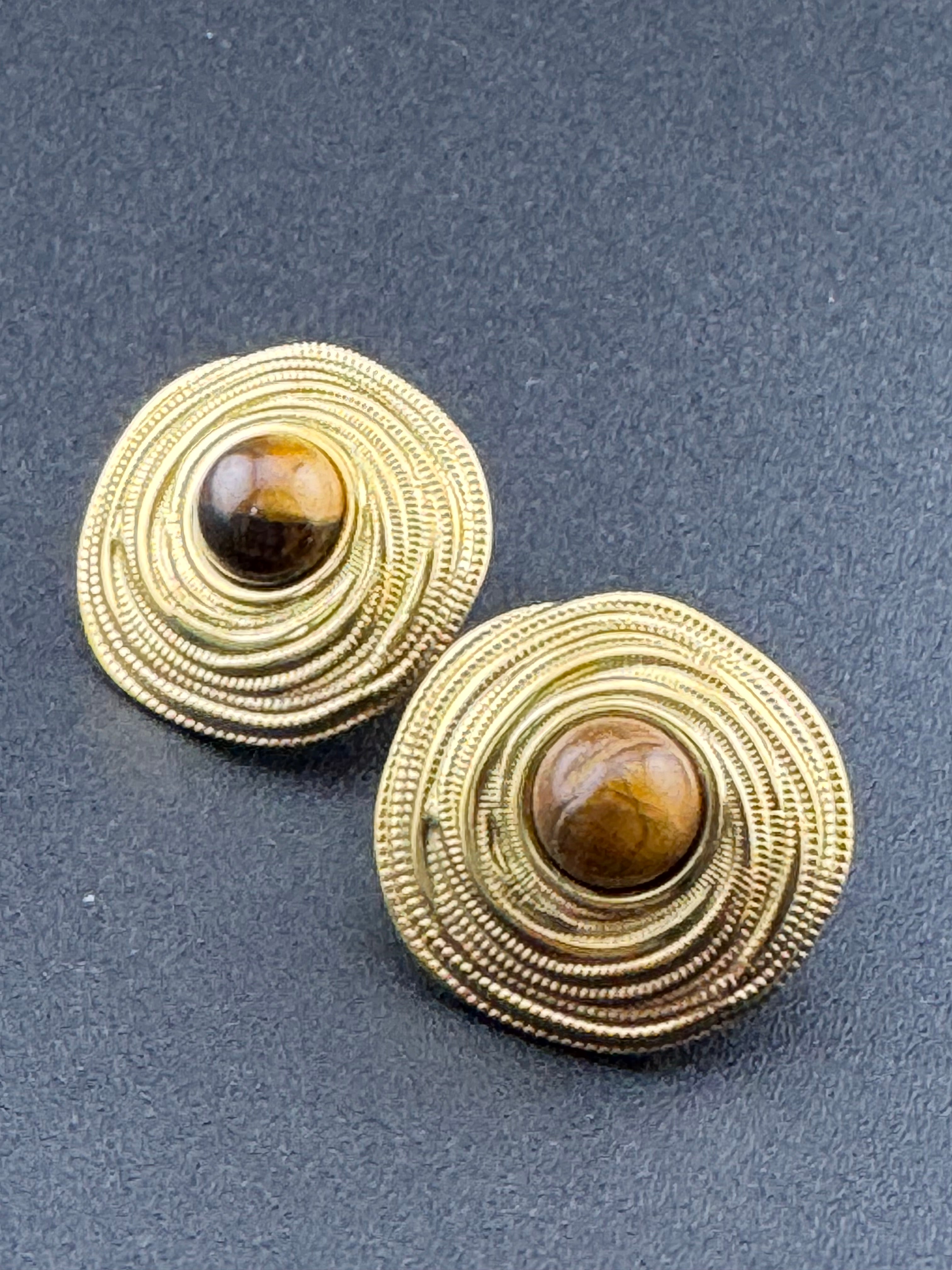 Etruscan medieval style tigers-eye gemstone gold tone stud disc earrings