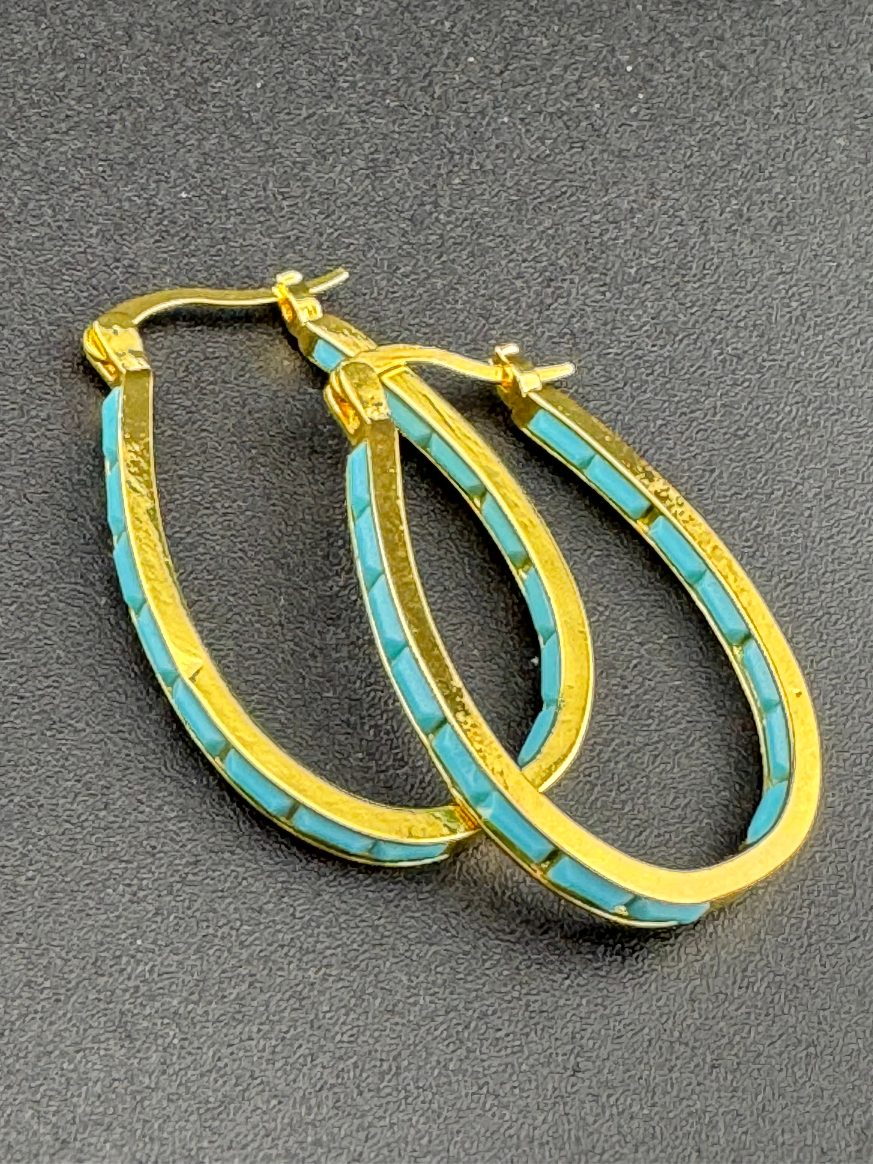 Turquoise blue gold tone oval hoop earrings