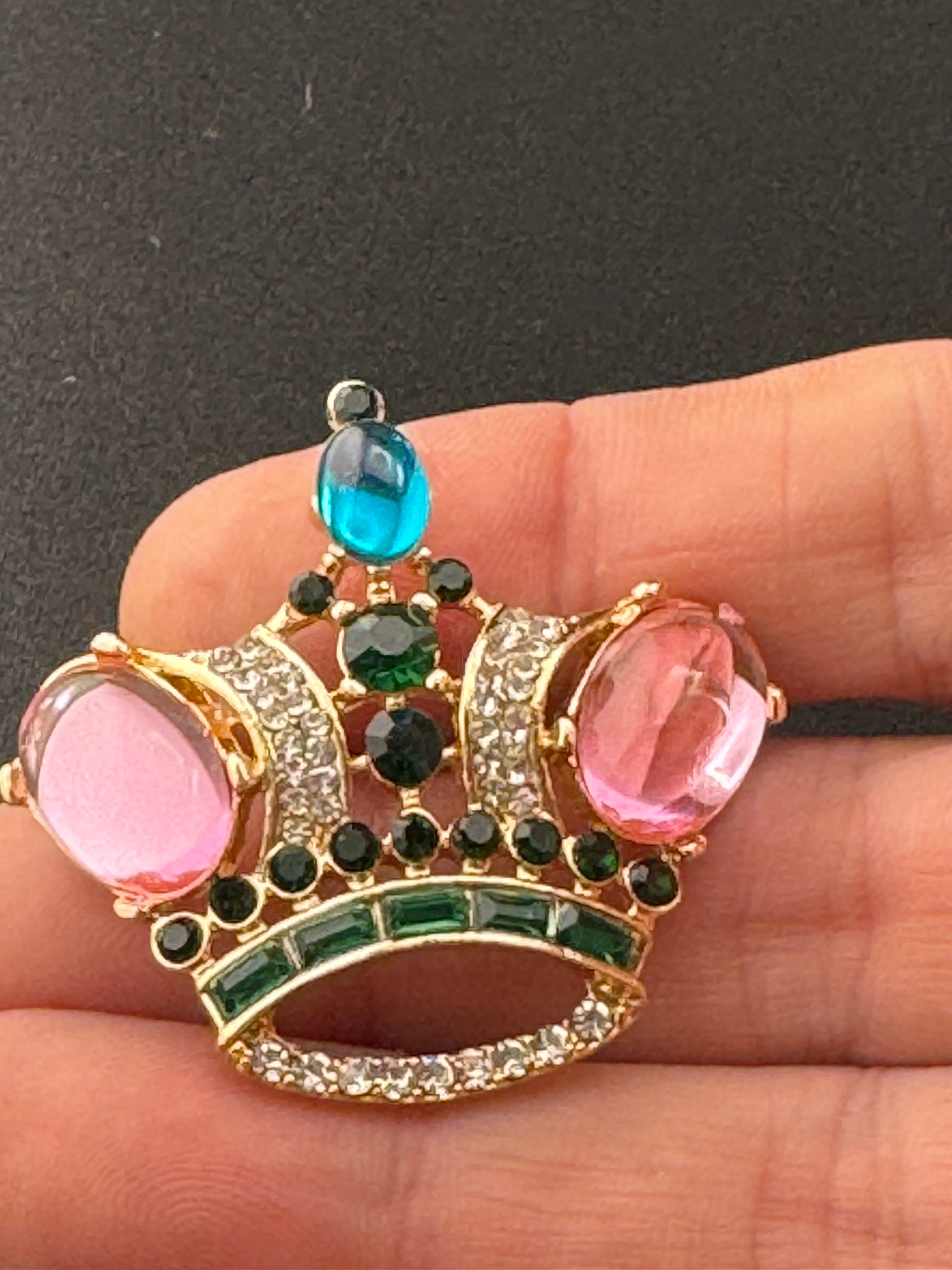 Royal crown brooch set with pink cabochons and coloured rhinestones