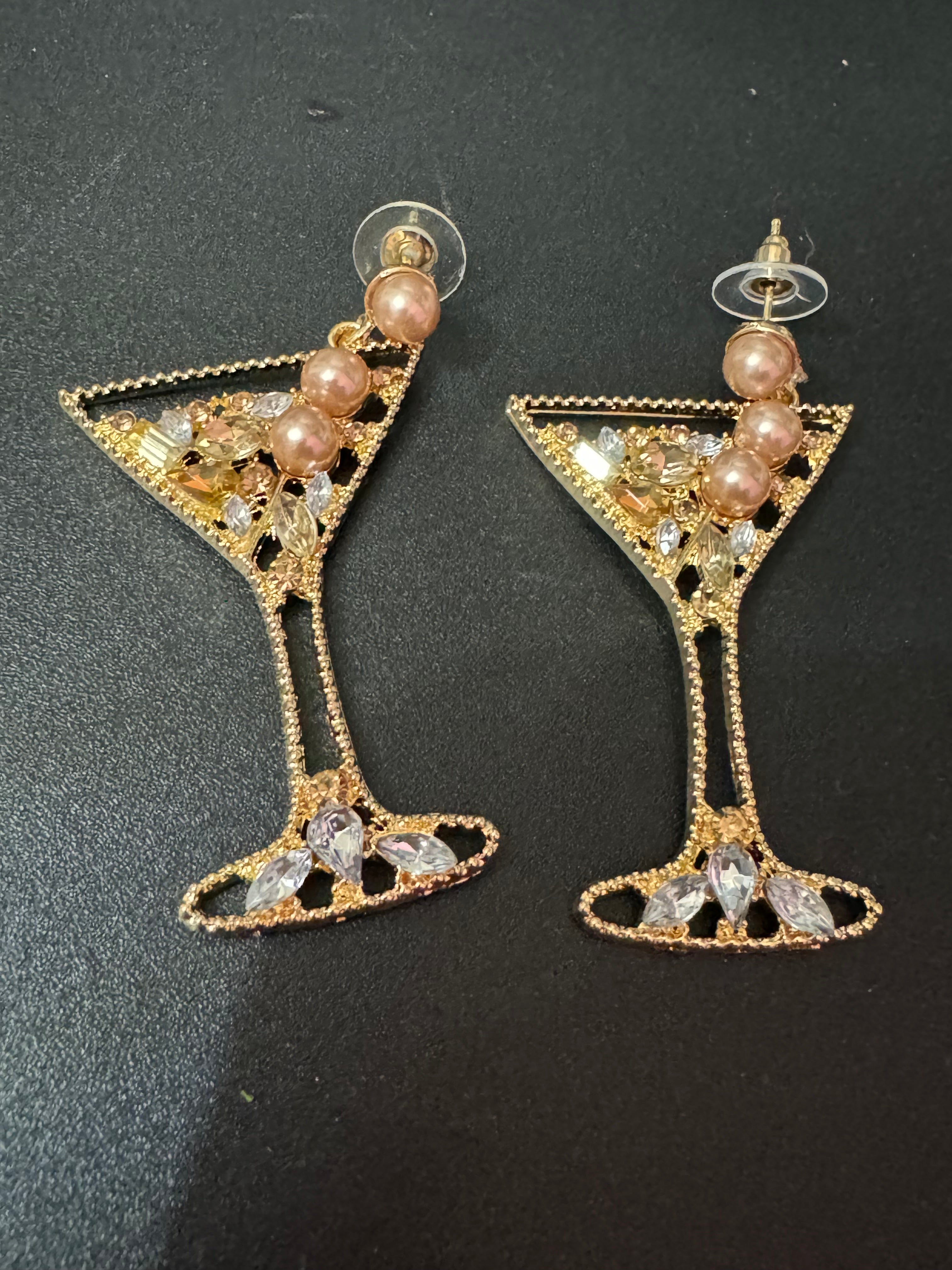 Novelty oversized faux pearl diamanté crystal champagne cocktail glass earrings