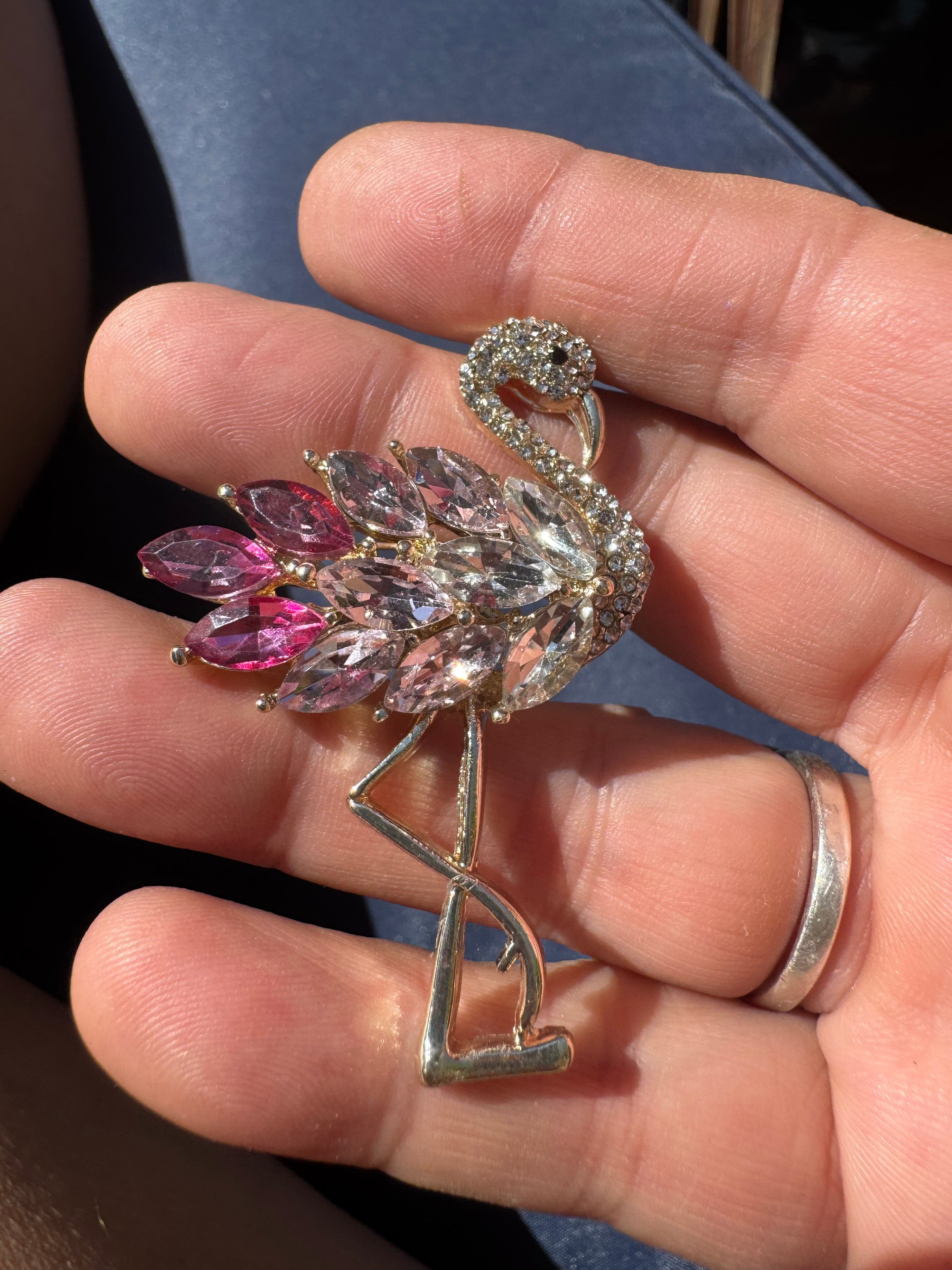 Pink crystal flamingo brooch , silver tone