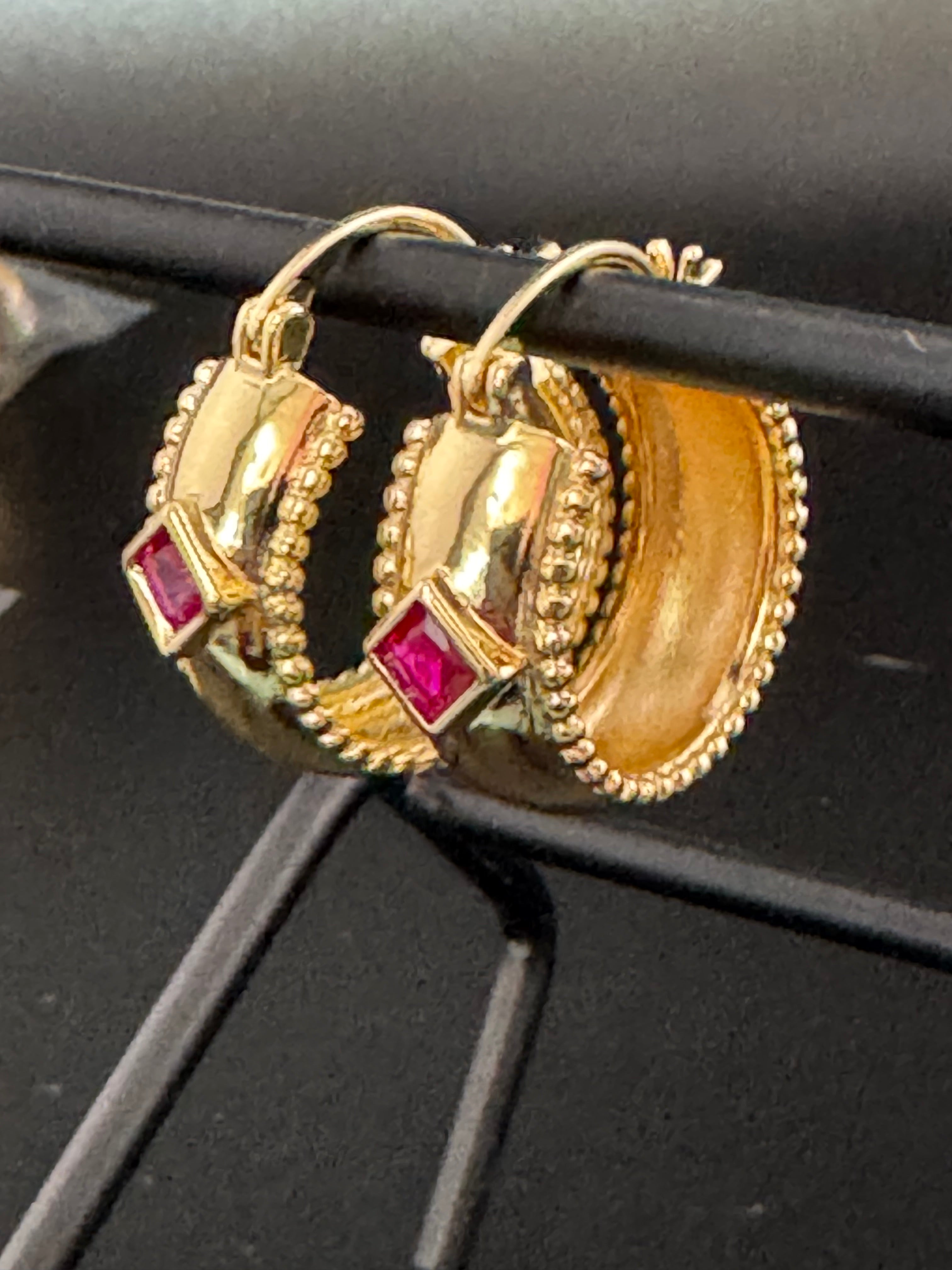 Wide crystal gold hoop earrings with pink emerald and tourmaline crystals