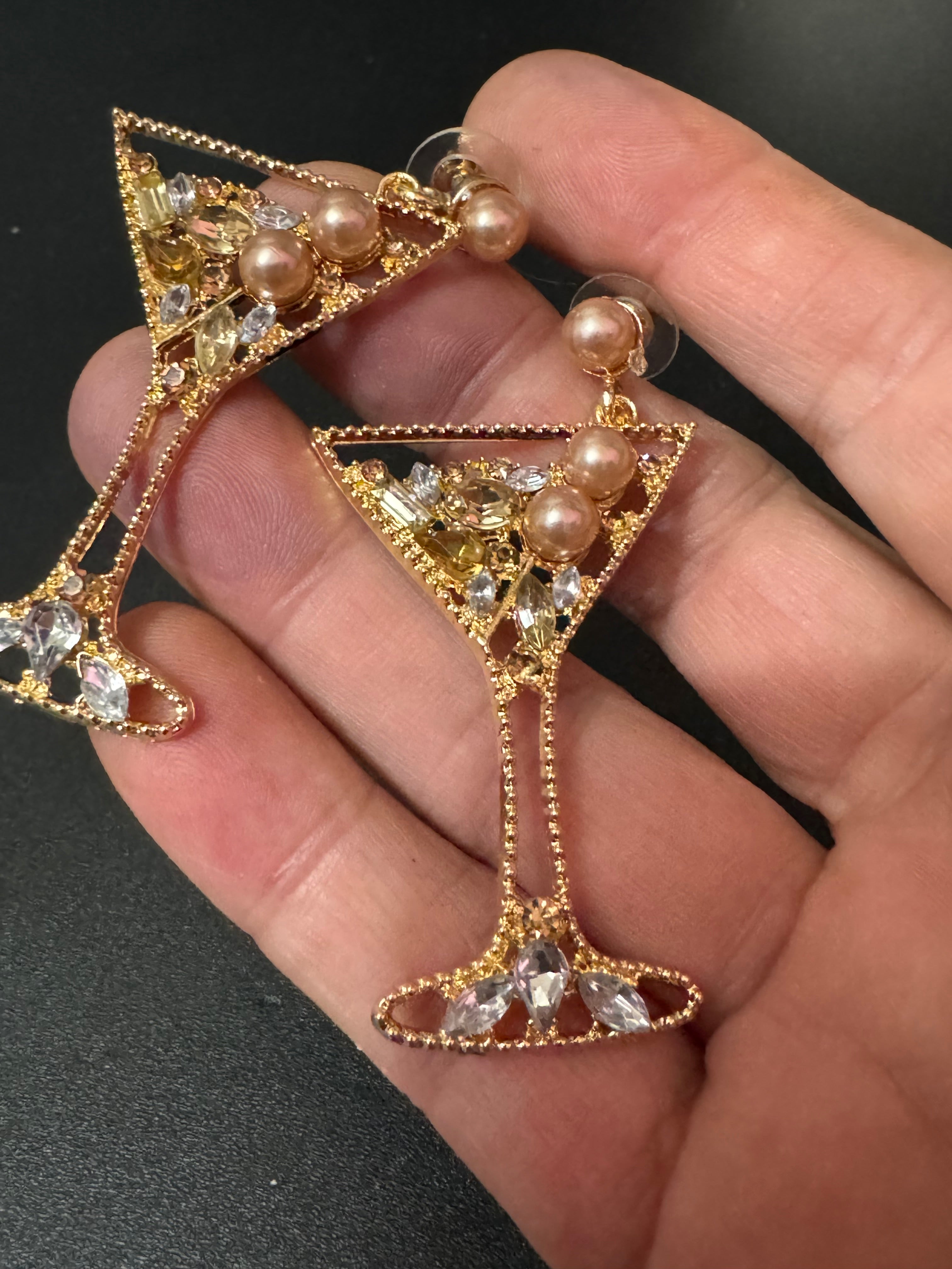 Novelty oversized faux pearl diamanté crystal champagne cocktail glass earrings
