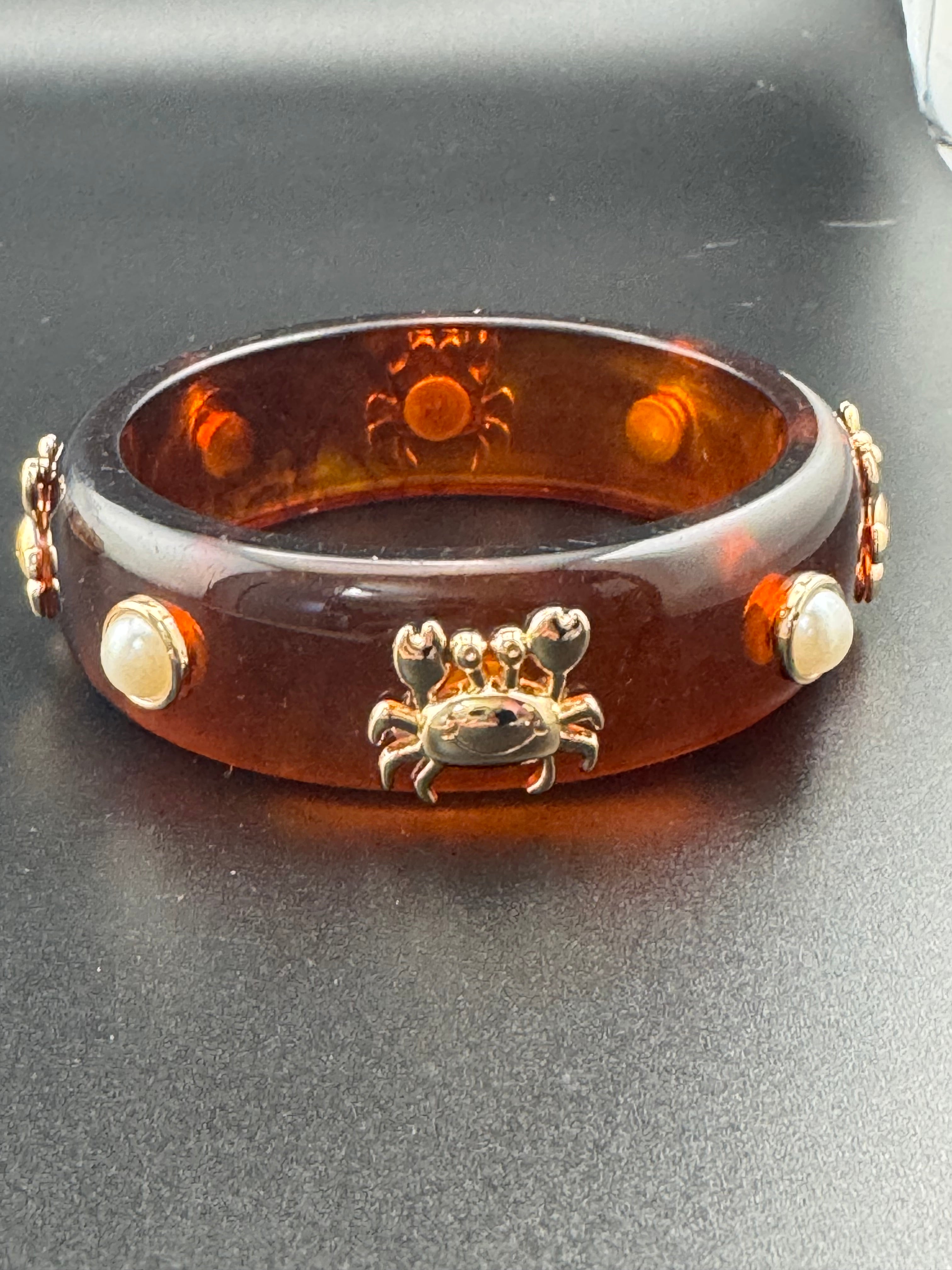 Nautical gold crab faux tortoiseshell wide brown acrylic pearl plastic bangle bracelet