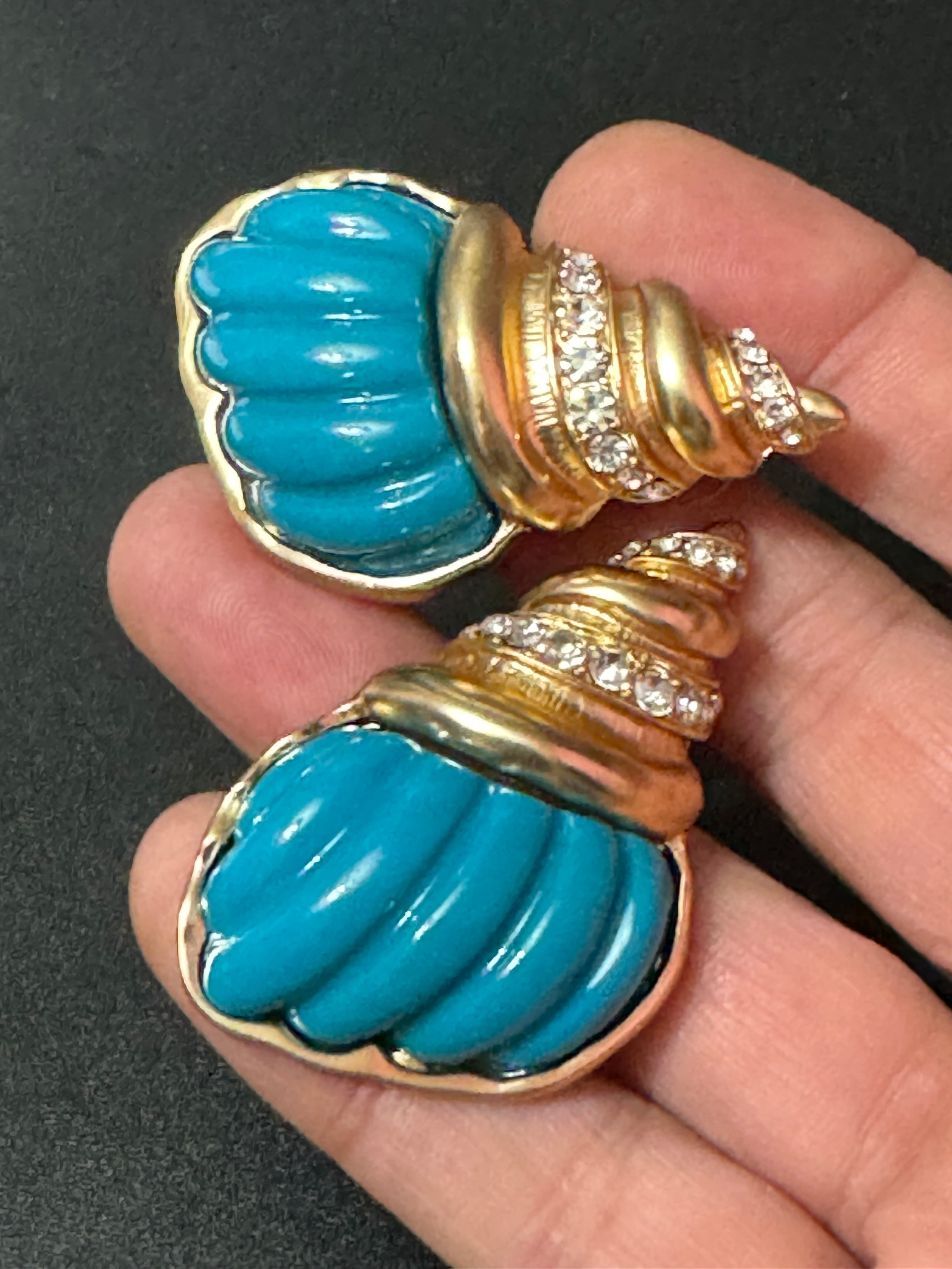 Oversized XL turquoise blue and gold seashell conch crystal earrings