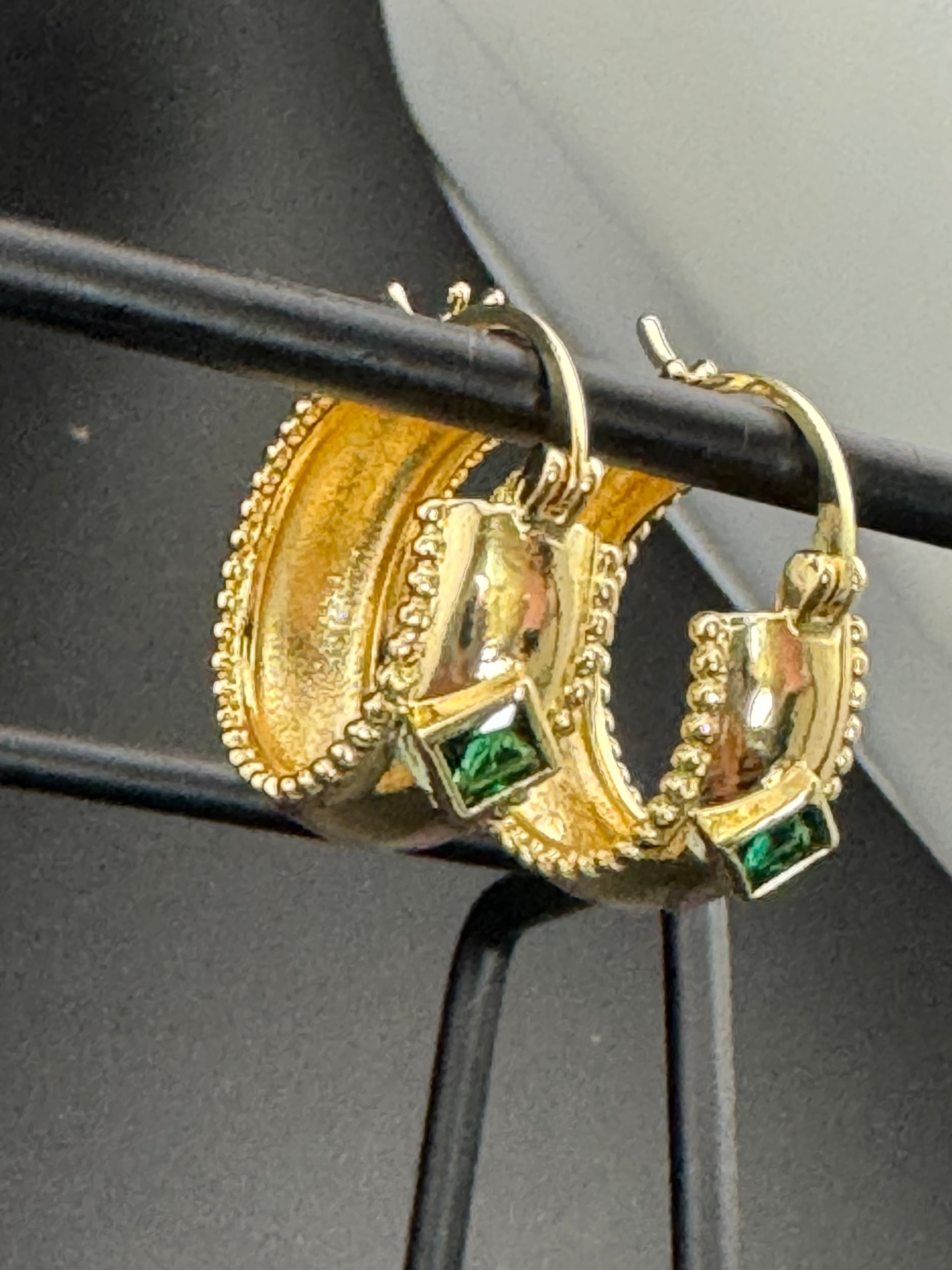 Wide crystal gold hoop earrings with pink emerald and tourmaline crystals