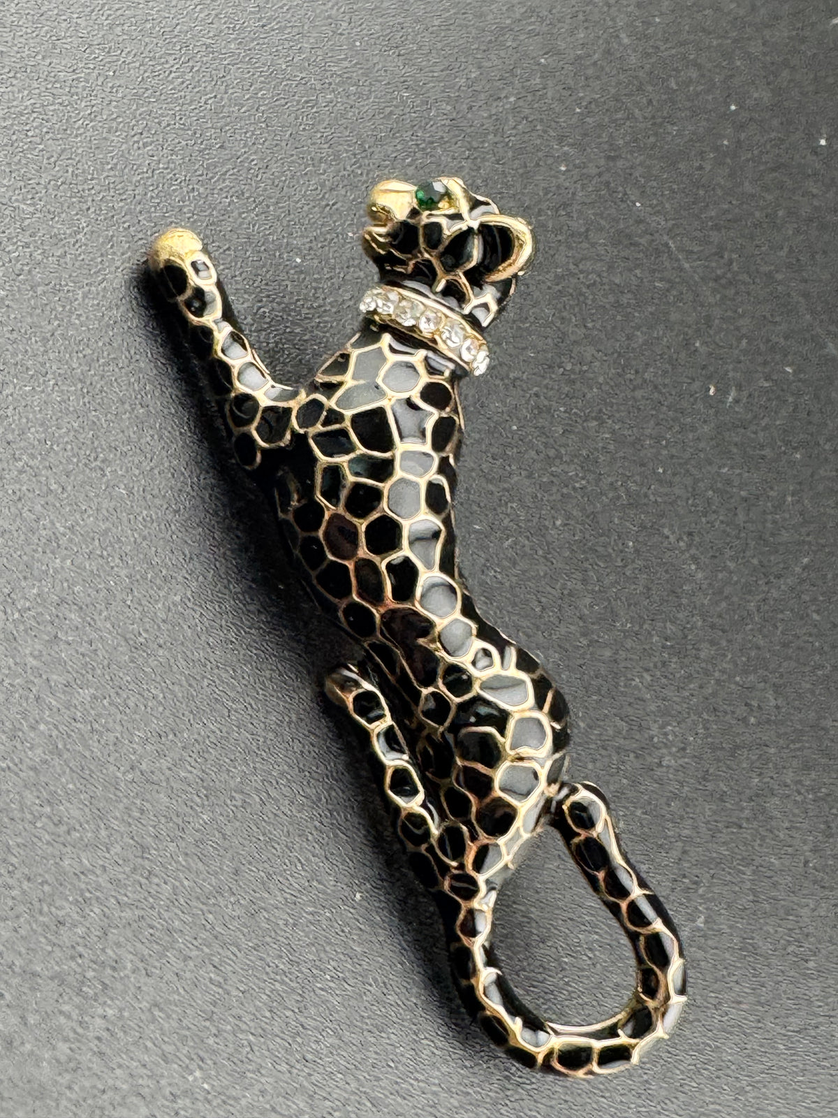 Leopard Panther Brooch, Black Enamel Crystal, Gold Tone, Big 6Cm