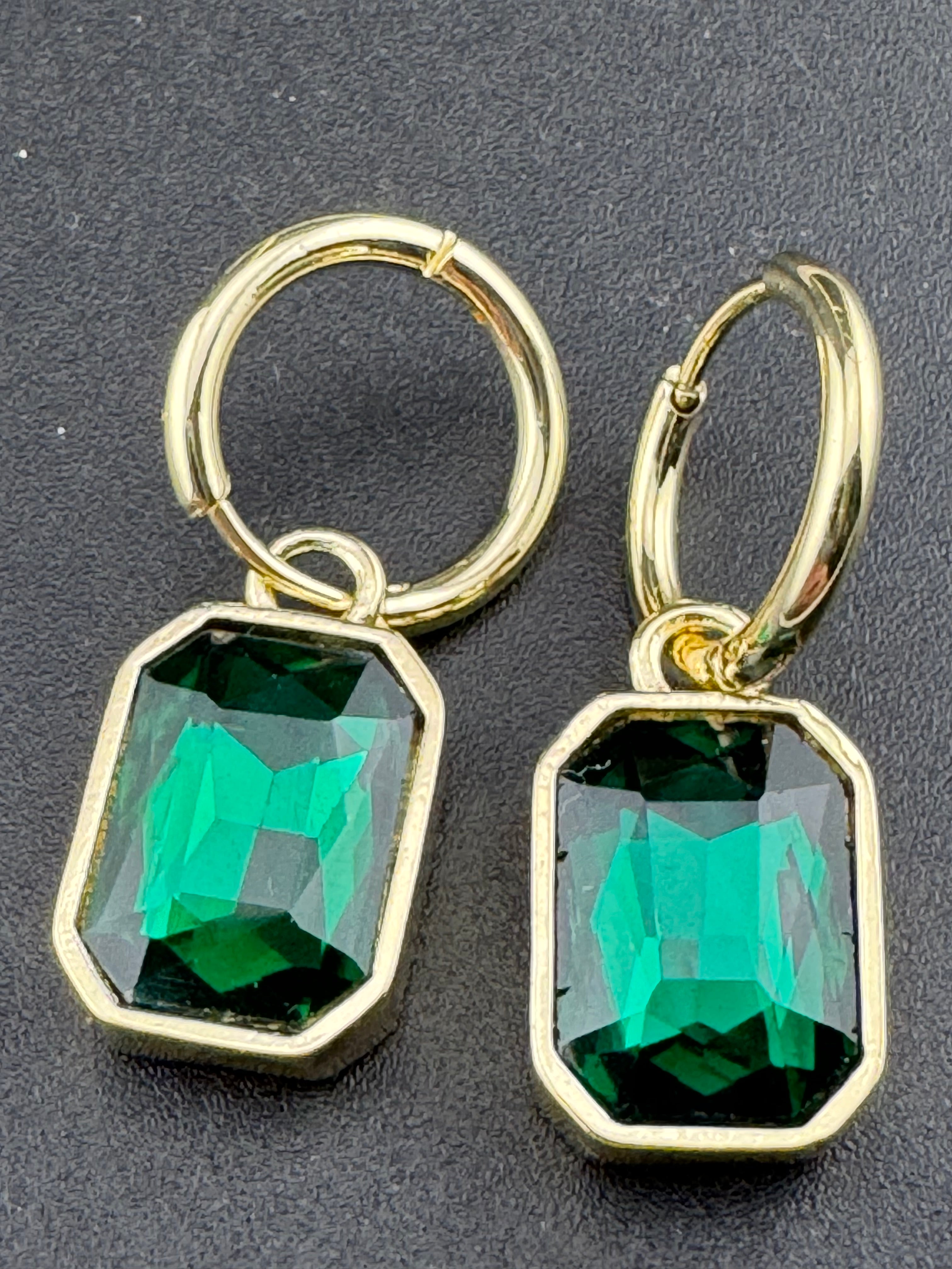 Emerald green diamond glass crystal octagonal charm small hoop earrings pierced, gold plated