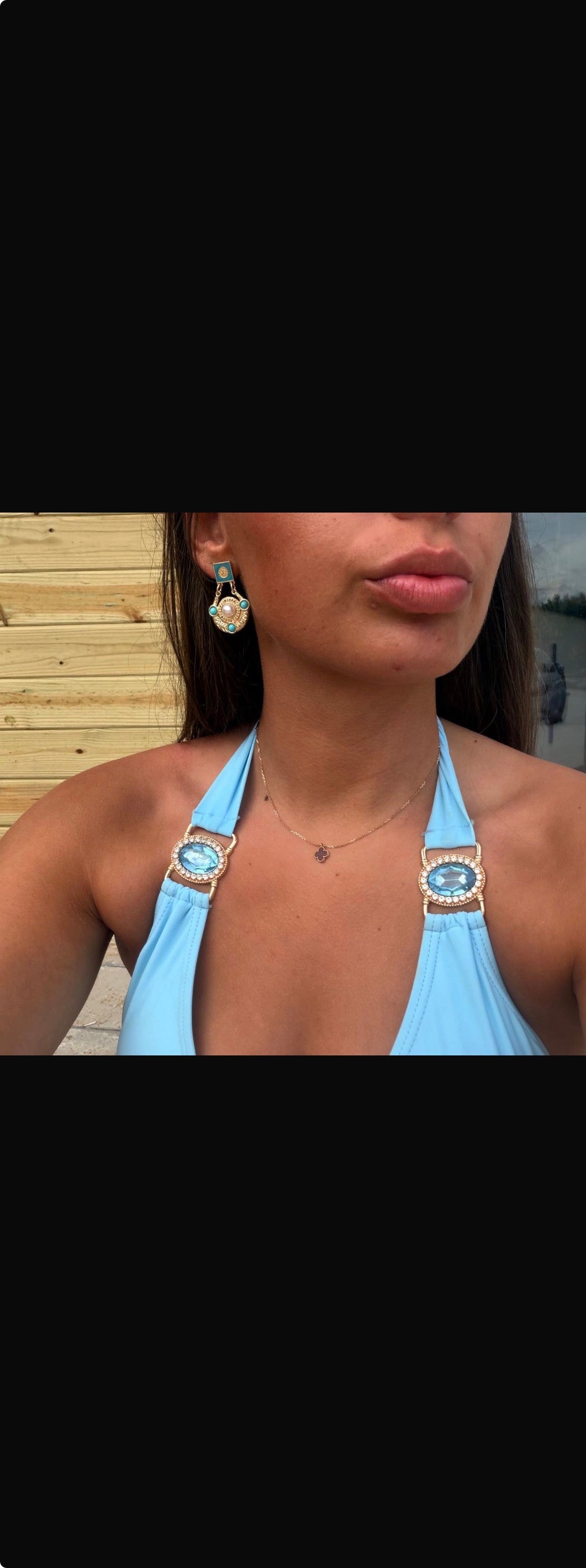 Etruscan gold disc drop earrings with turquoise and pearl cabochons