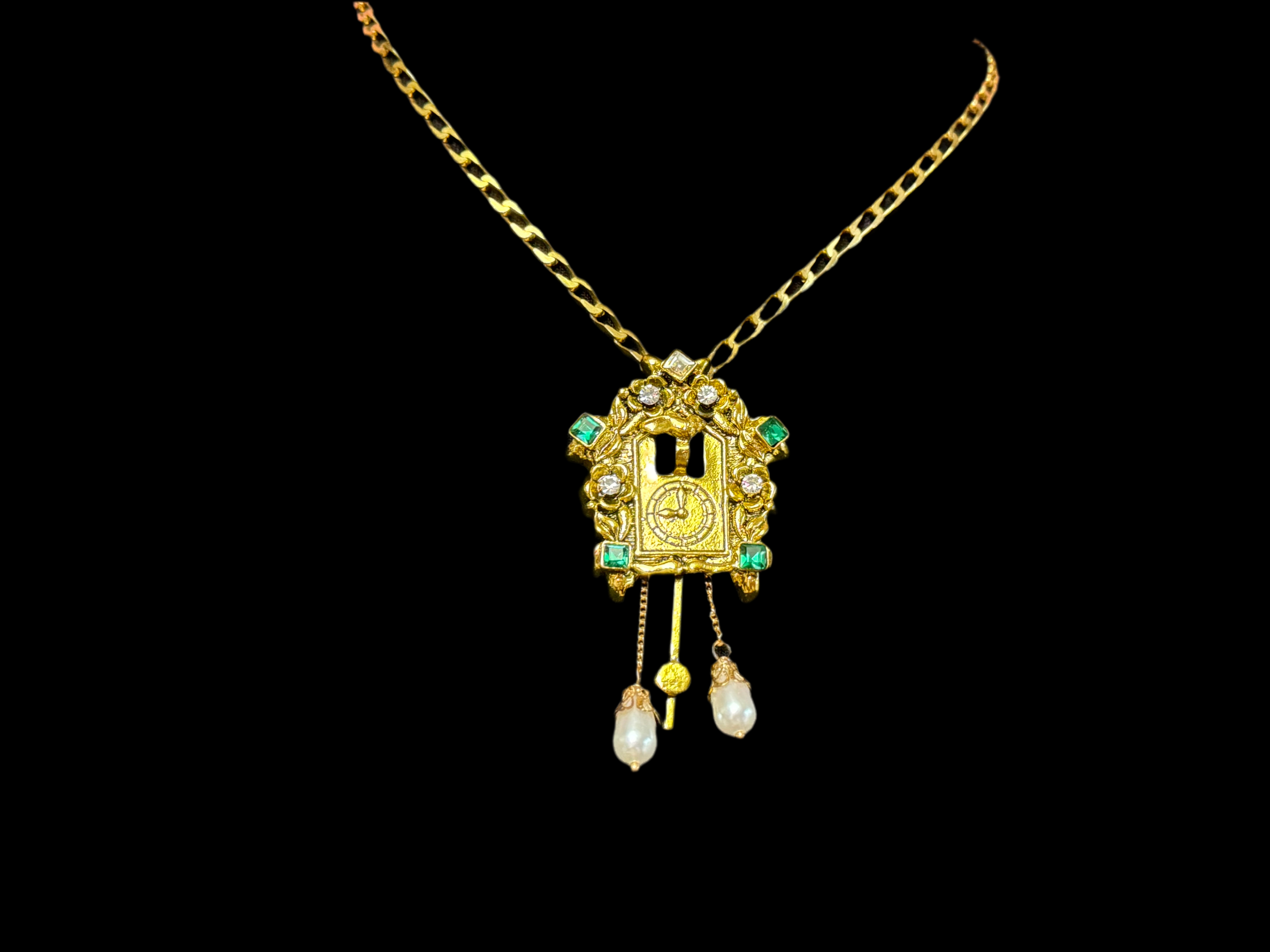 Combination novelty cuckoo clock brooch and pendant gold