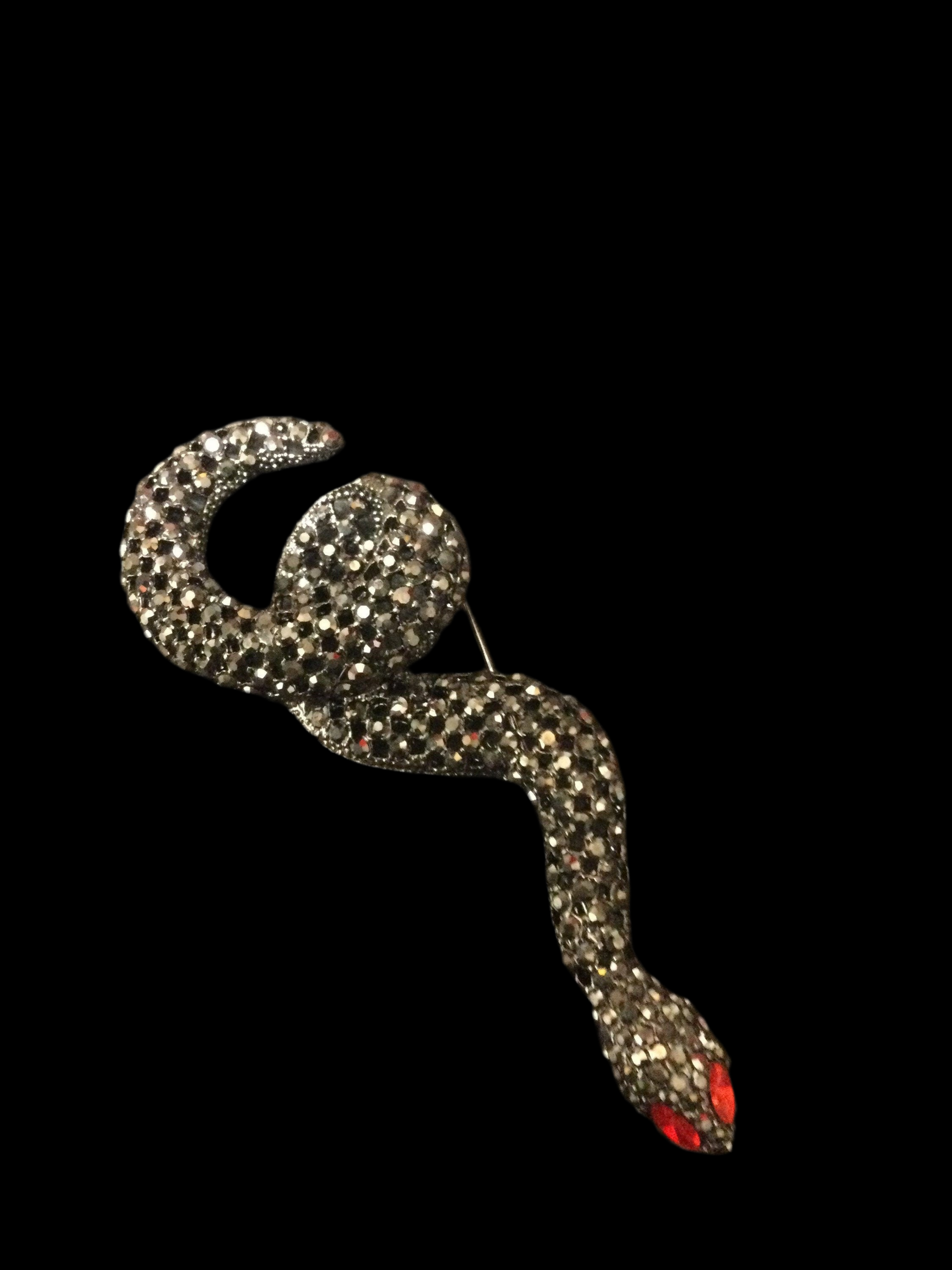 8cm long Retro dark Steel grey silver Tone marcasite metal with ruby red glass paste diamanté eye snake brooch combi pendant necklace