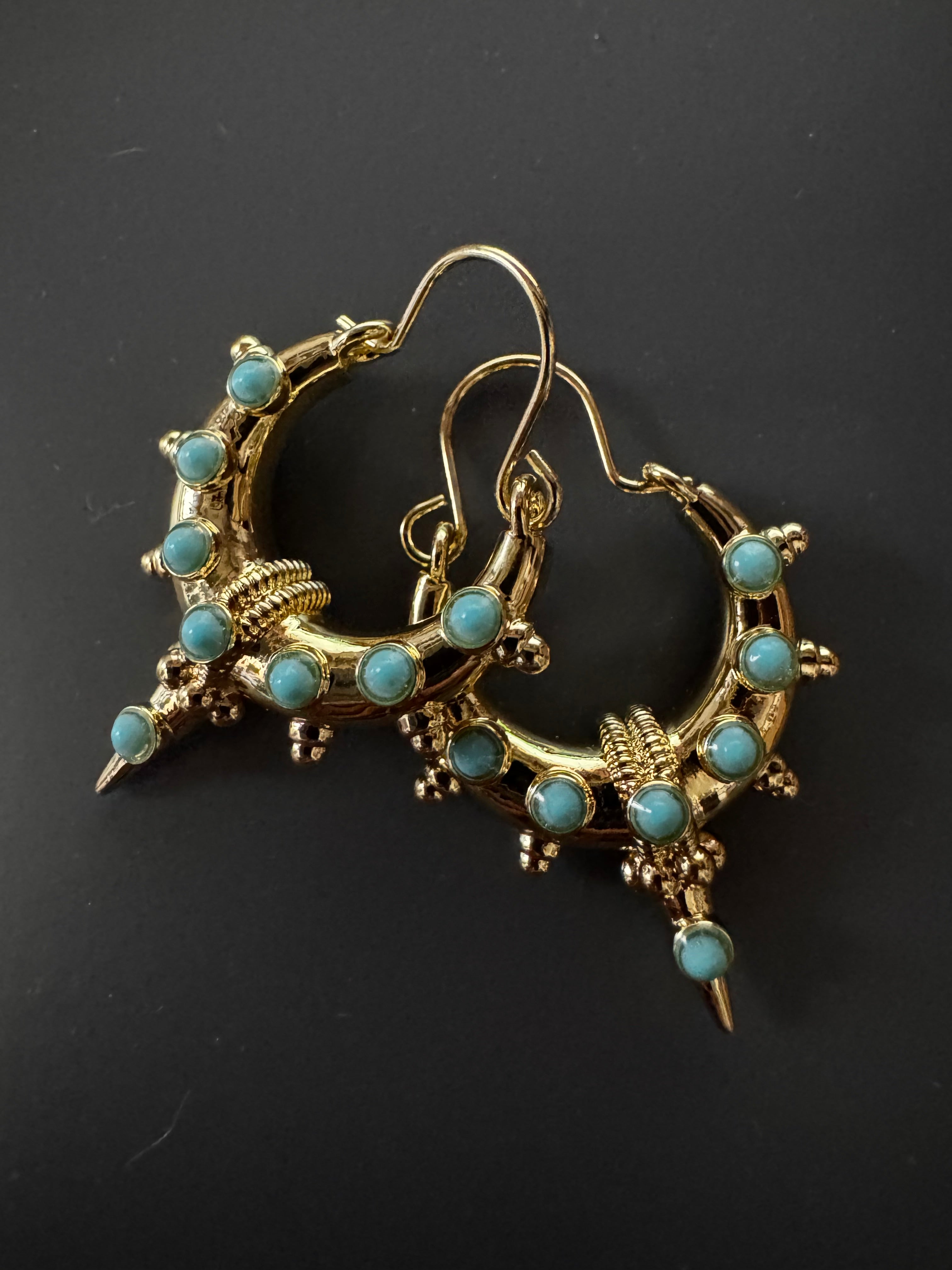 Etruscan Gold Plated Turquoise Blue Statement Hoop Earrings