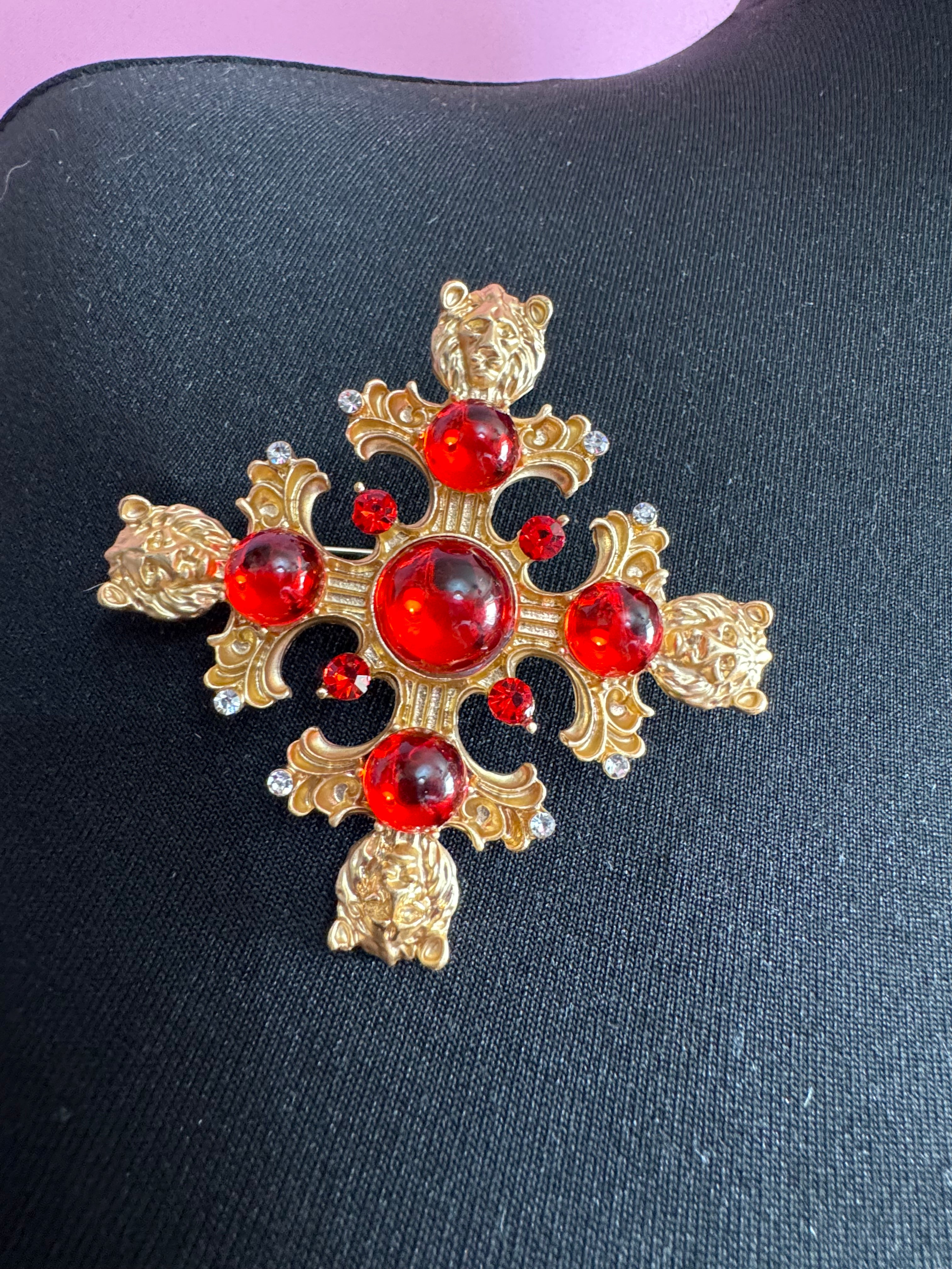 Medieval style Large faux red ruby cabochon matt gold lions head oversized cross brooch