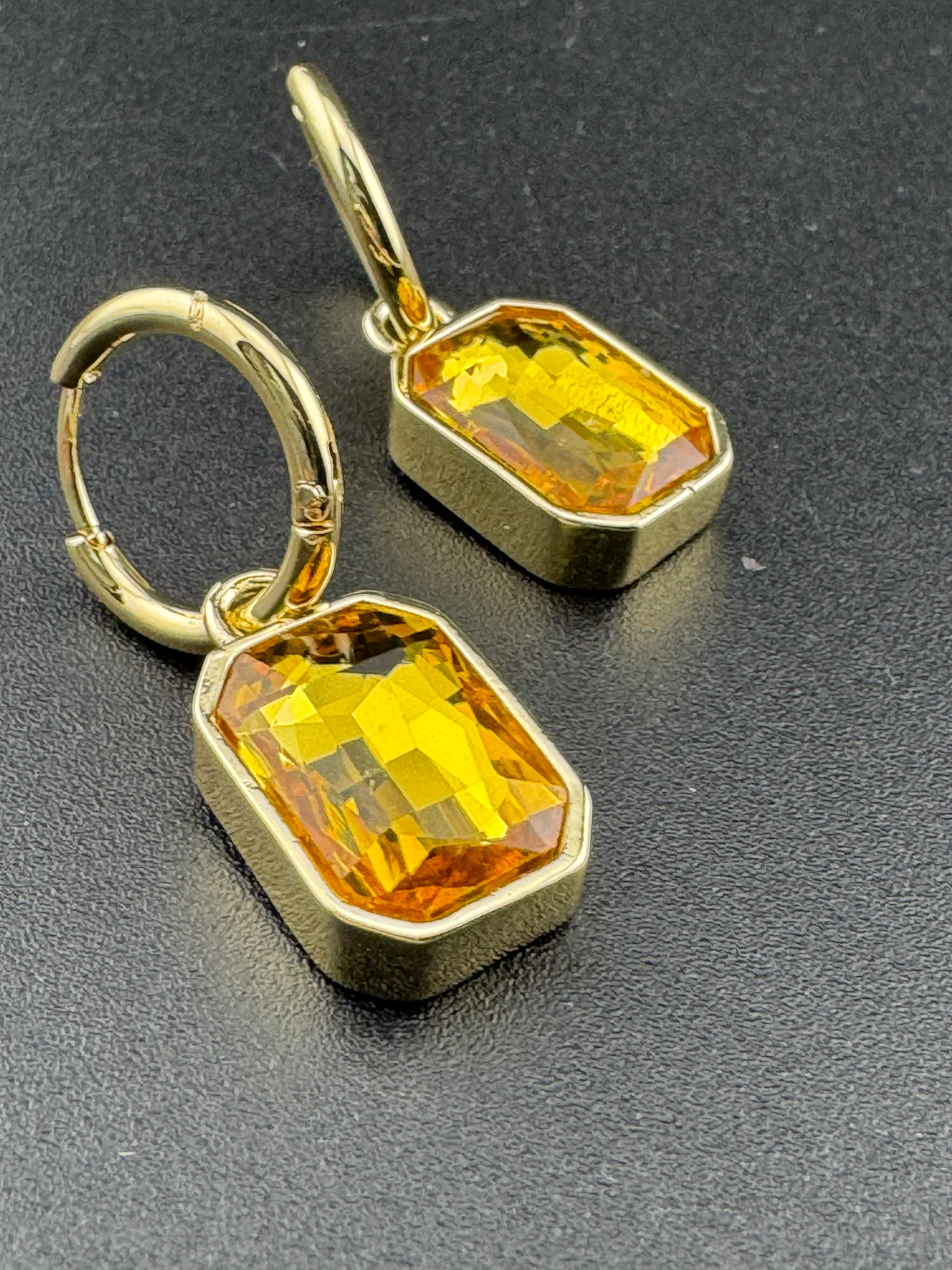 Amber Citrine glass crystal octagonal charm small hoop earrings pierced, gold plated