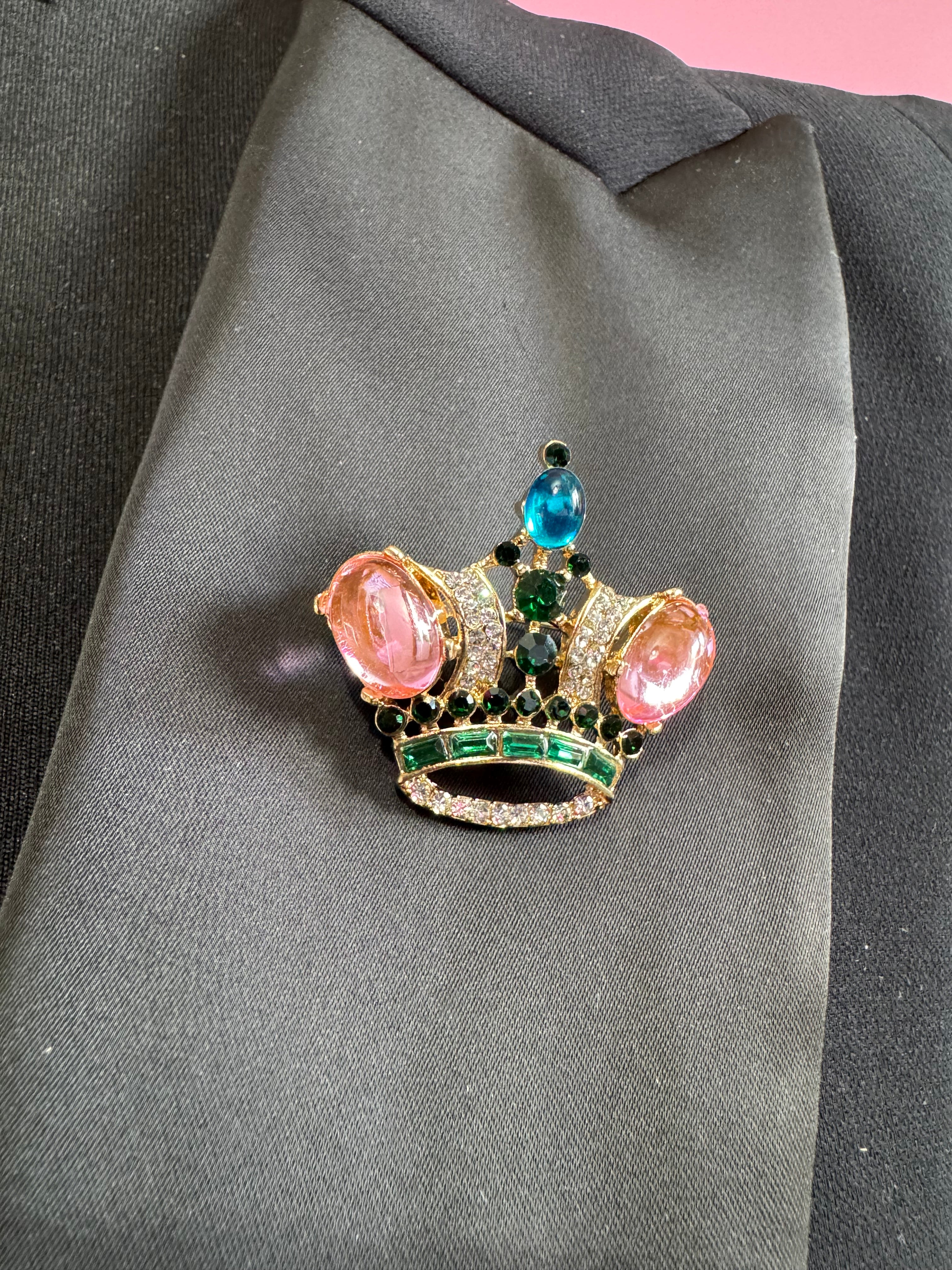 Royal crown brooch set with pink cabochons and coloured rhinestones