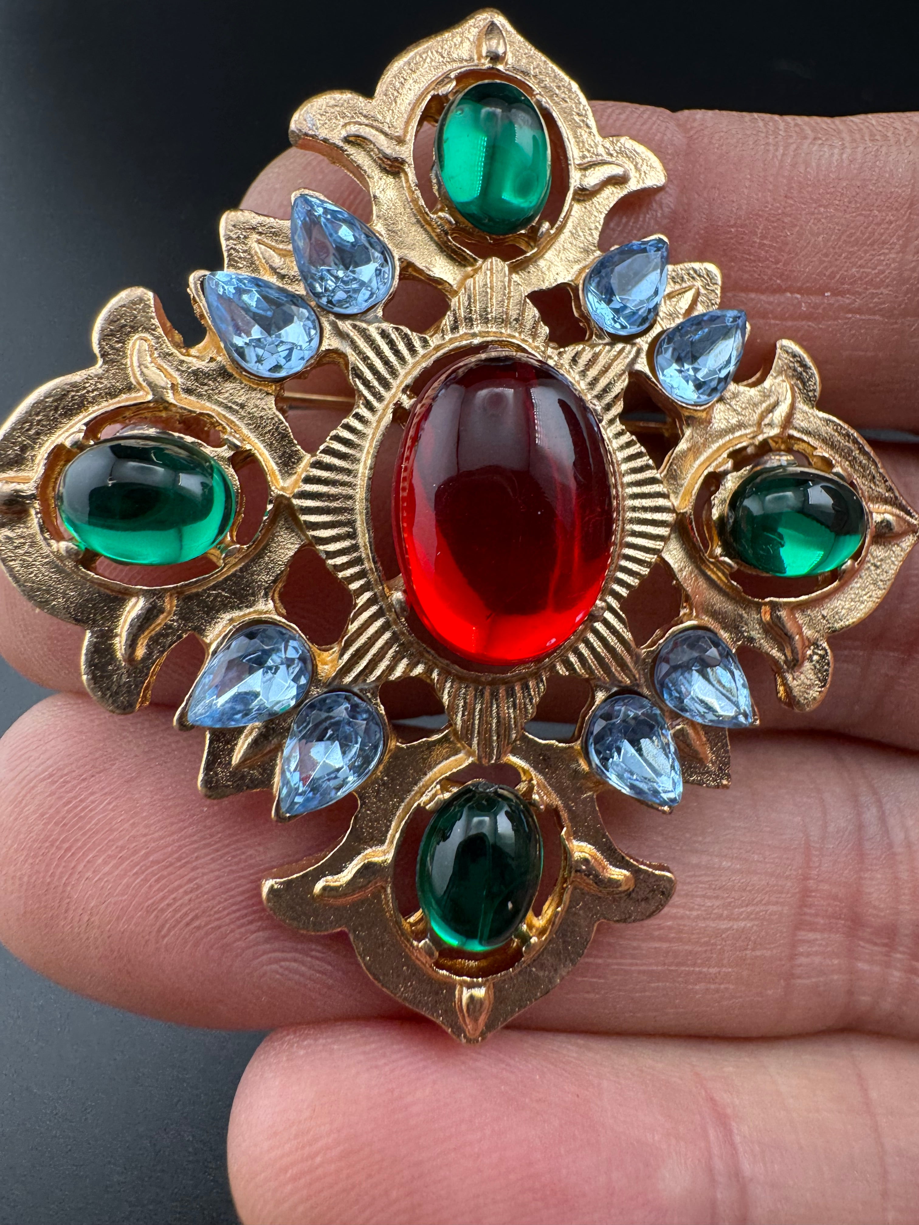Statement Medieval style gold ruby rhinestone cross brooch