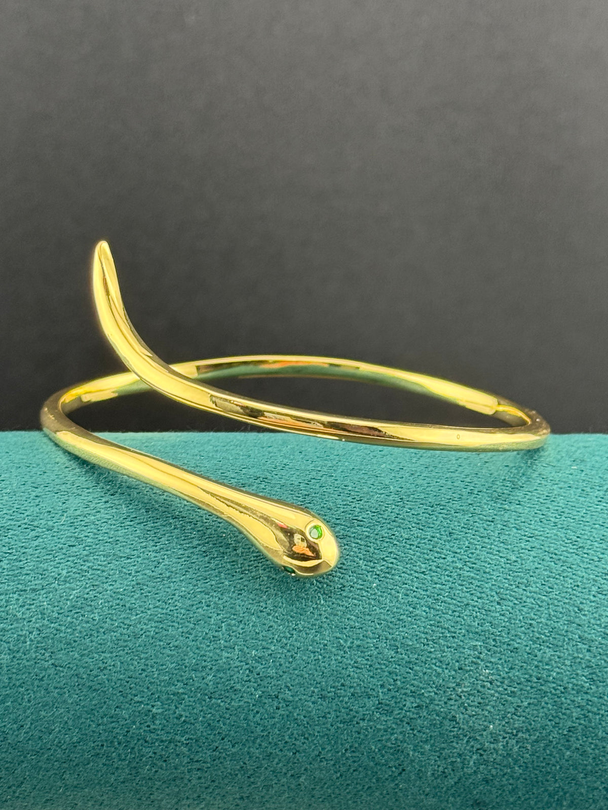Gold Snake Bangle Bracelet |Hinged Gold-Plated Cuff, Emerald Eyes
