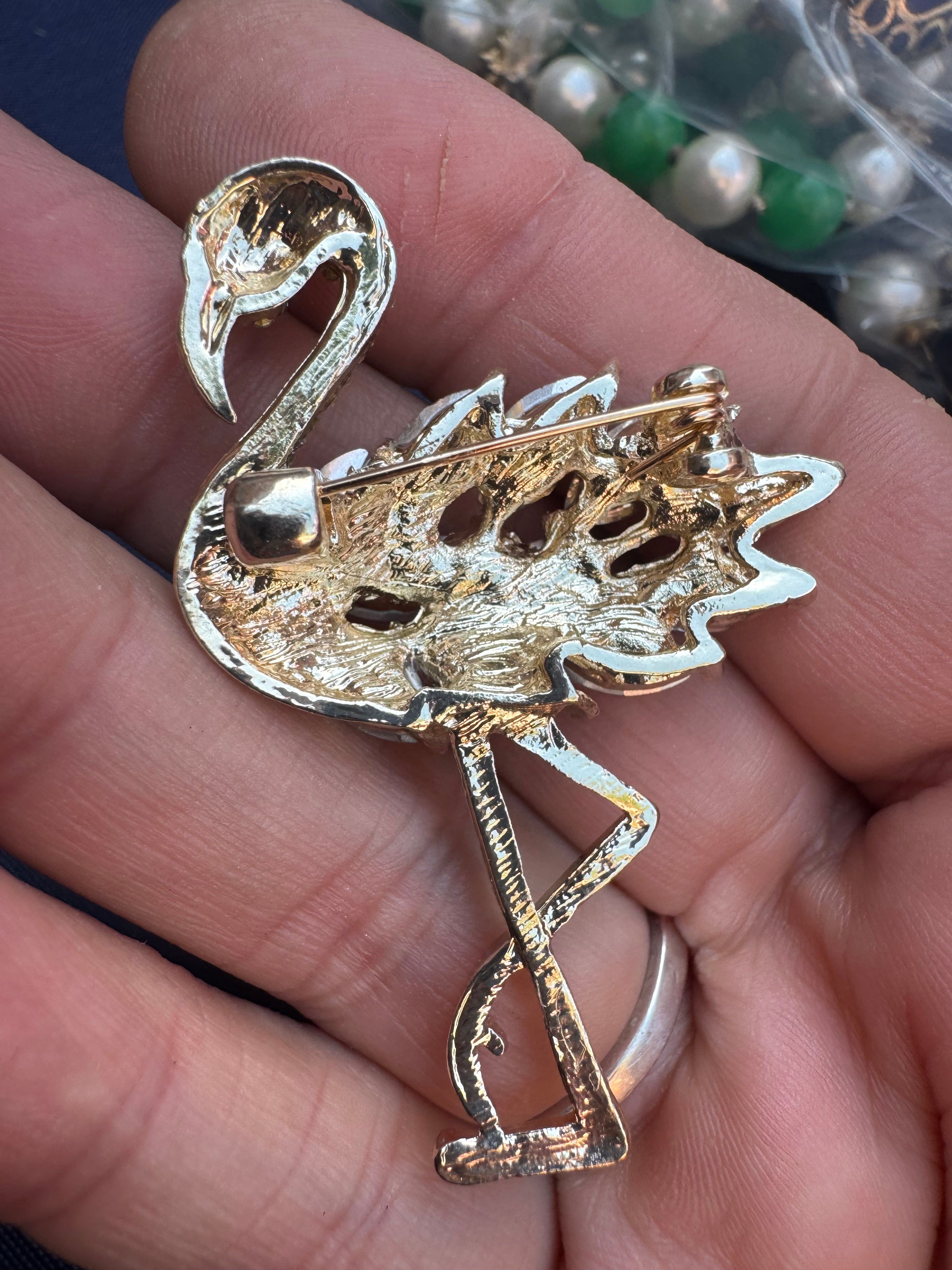 Pink crystal flamingo brooch , silver tone