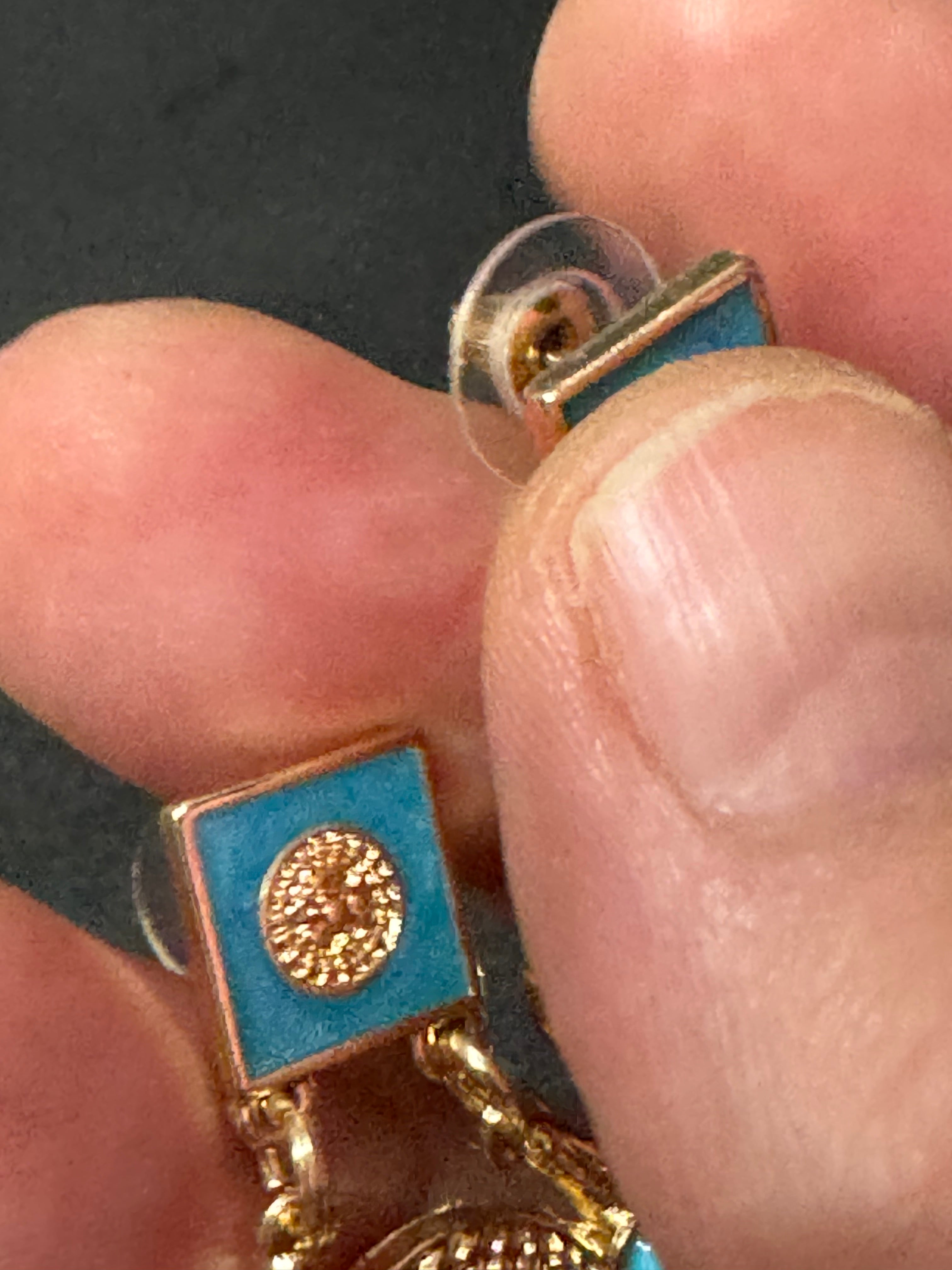 Etruscan gold disc drop earrings with turquoise and pearl cabochons