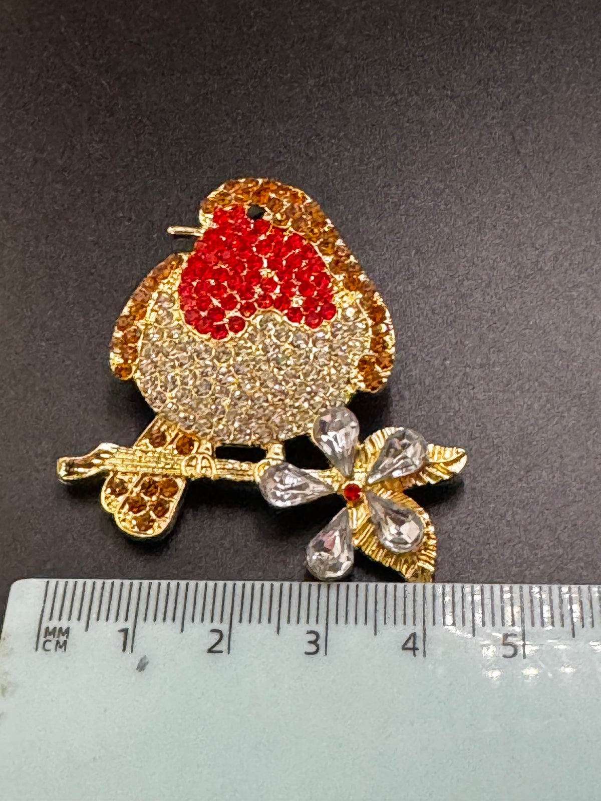 Rhinestone Christmas Robin brooch, brown clear and red crystal, festive jewellery