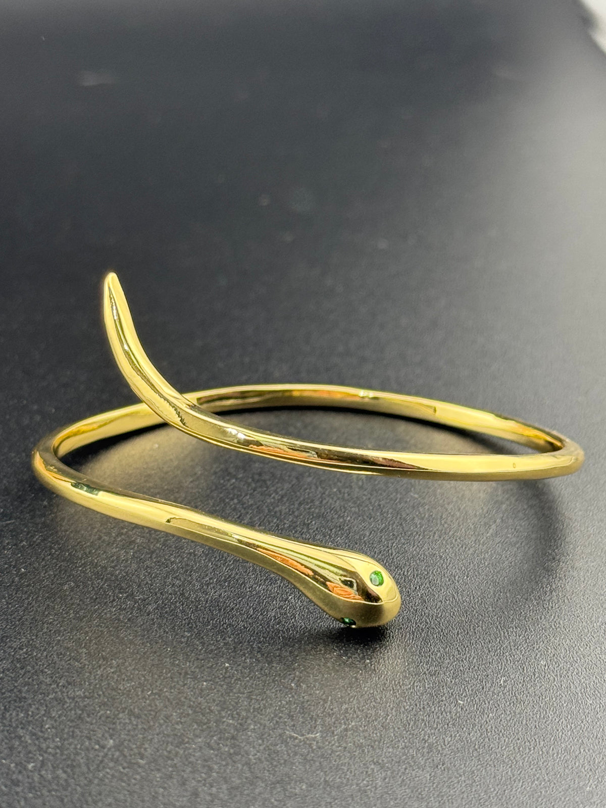 Gold Snake Bangle Bracelet |Hinged Gold-Plated Cuff, Emerald Eyes