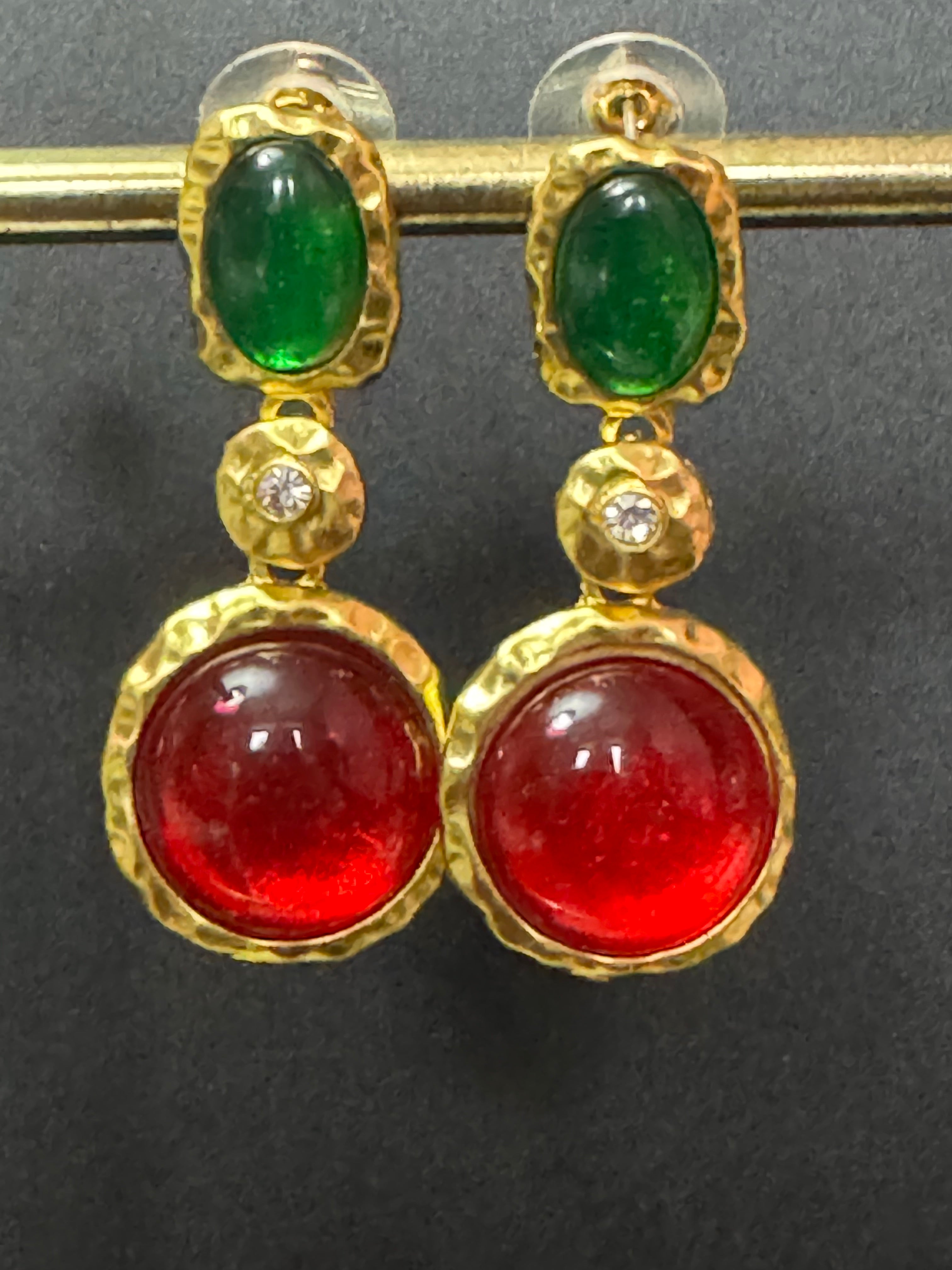 Matt gold tone Gripoix style crystal red and green cabochon earrings pierced