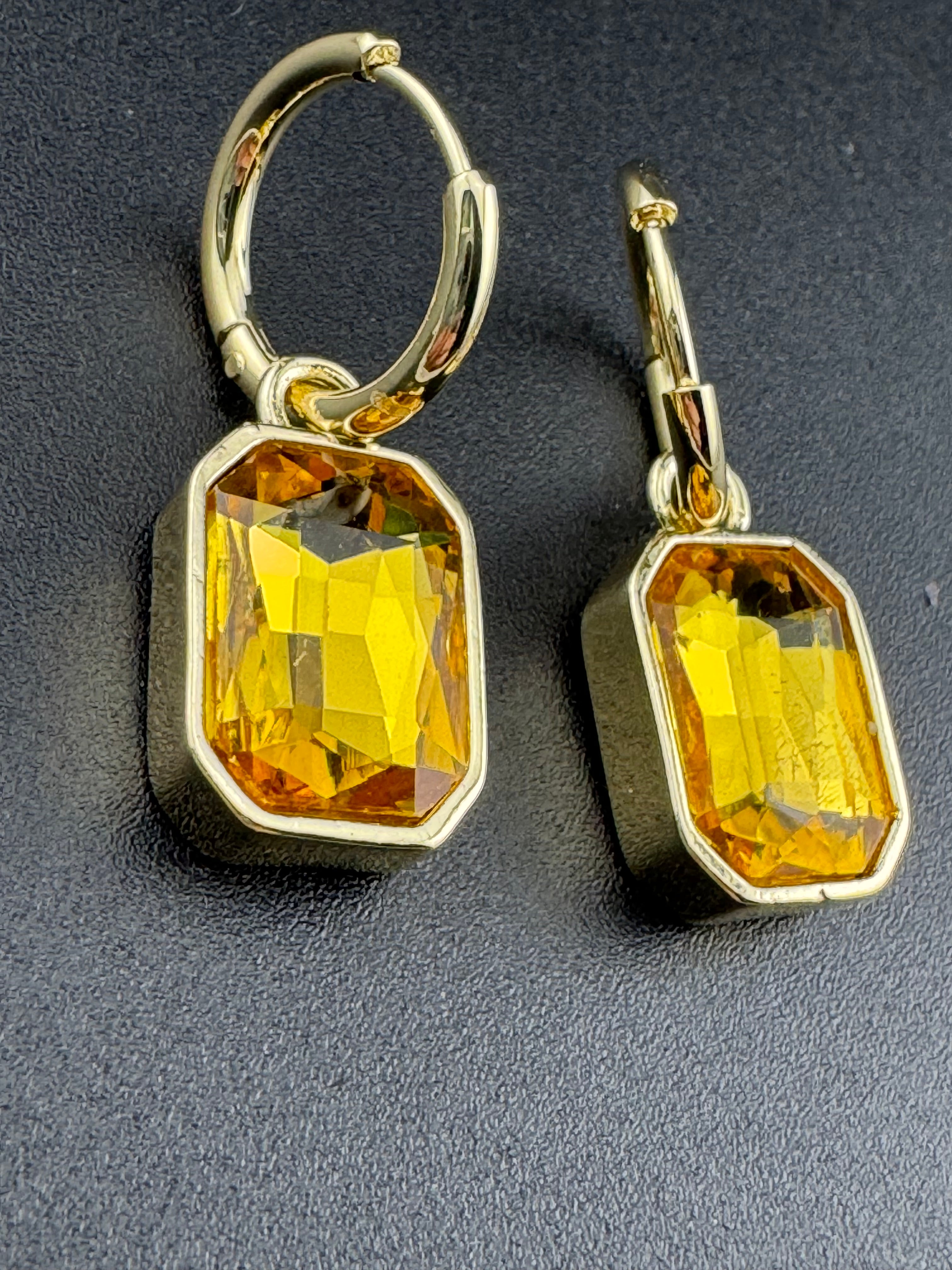 Amber Citrine glass crystal octagonal charm small hoop earrings pierced, gold plated