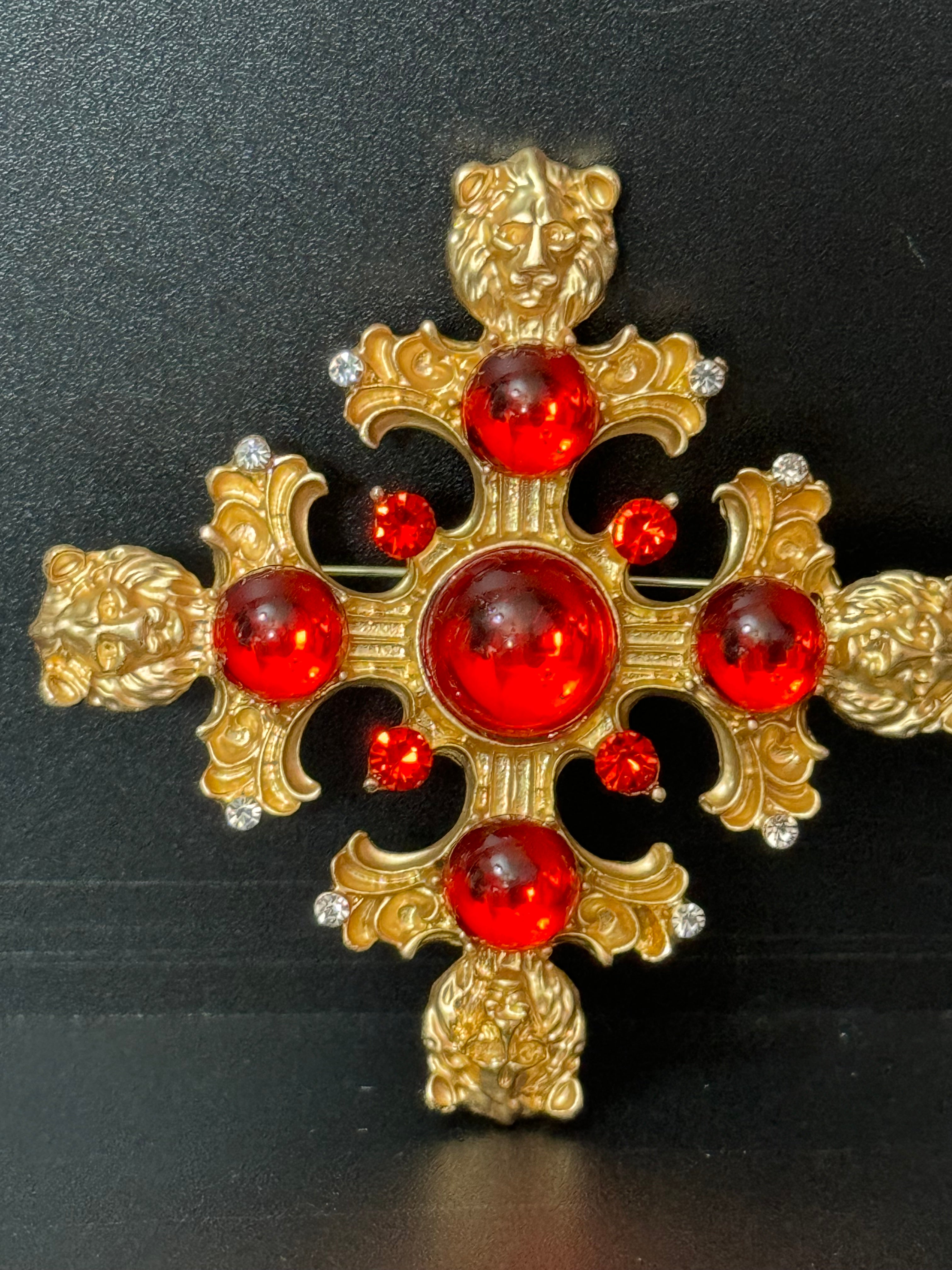 Medieval style Large faux red ruby cabochon matt gold lions head oversized cross brooch