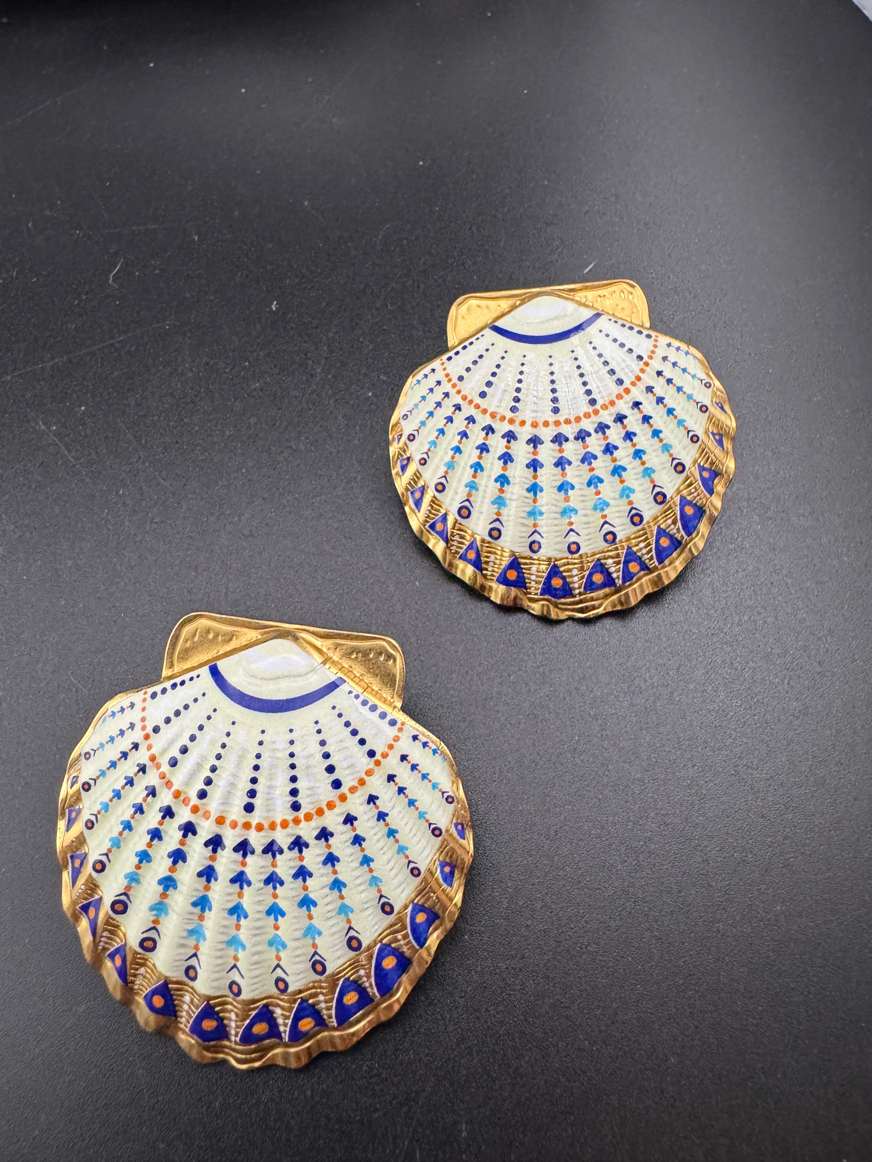 Oversized sea shell enamel earrings for pierced ears turquoise and white