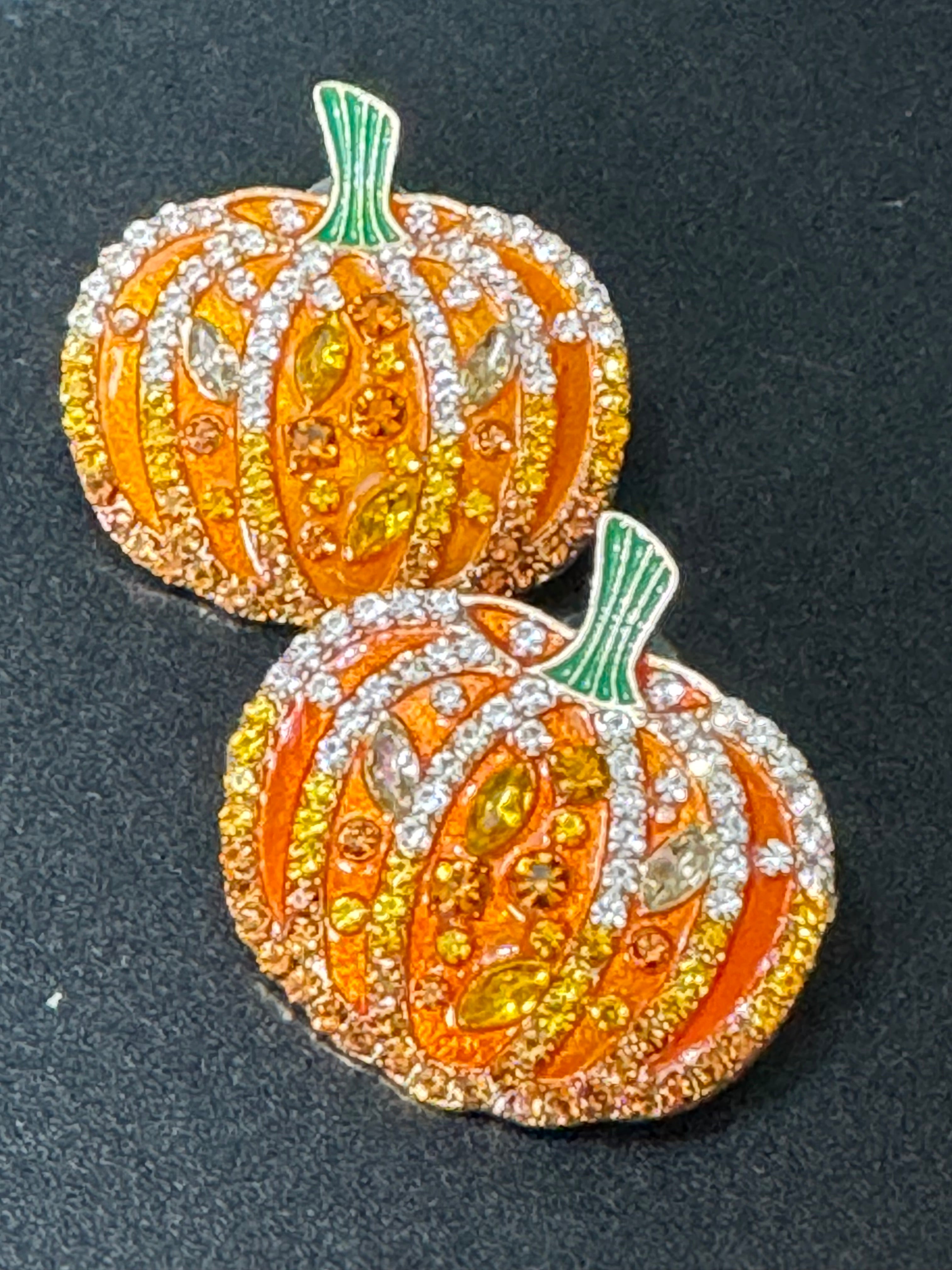 Oversized crystal orange enamel pumpkin earrings pierced