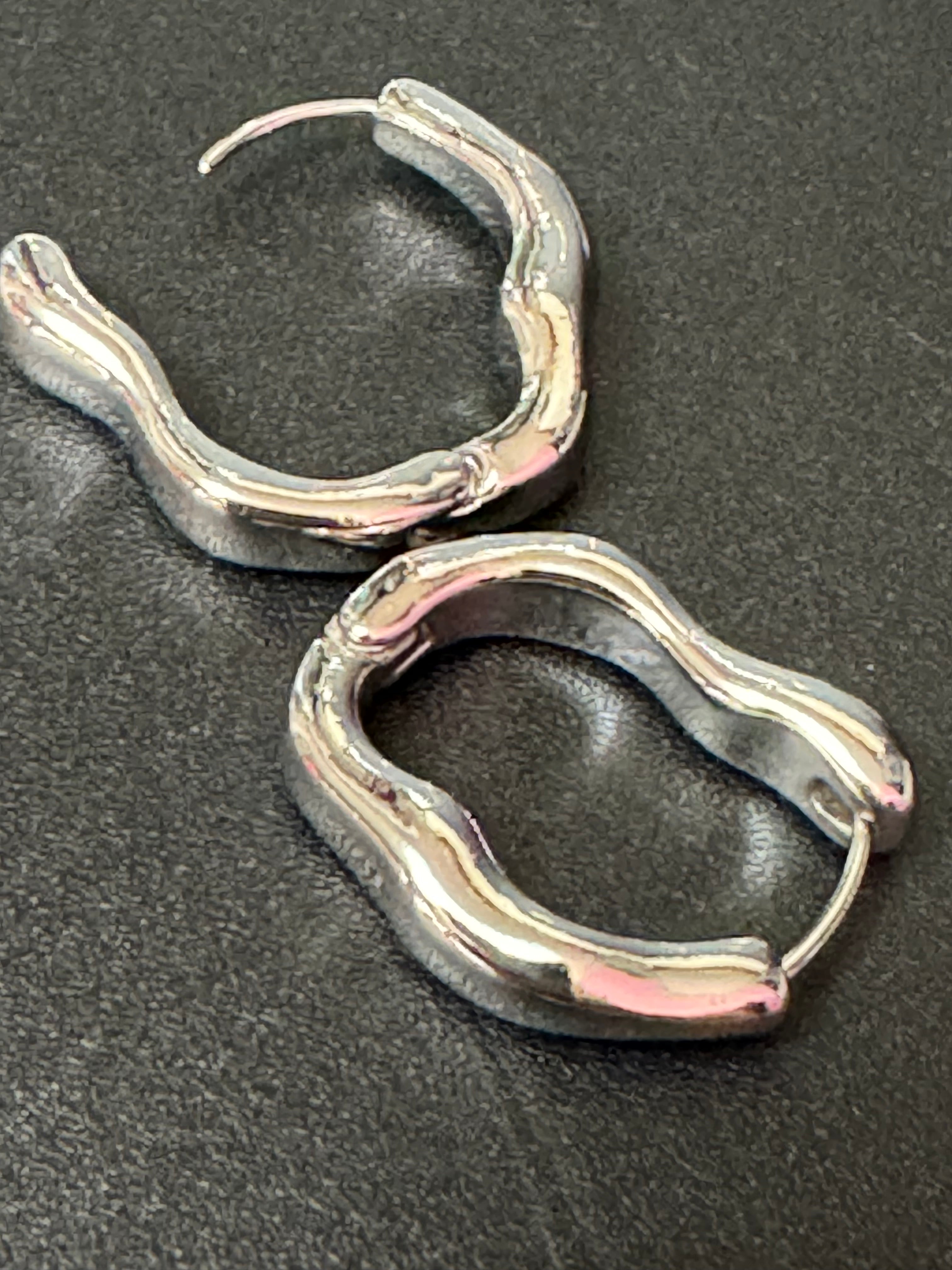 Silver Modernist abstract metal snap on hinged hoop earrings