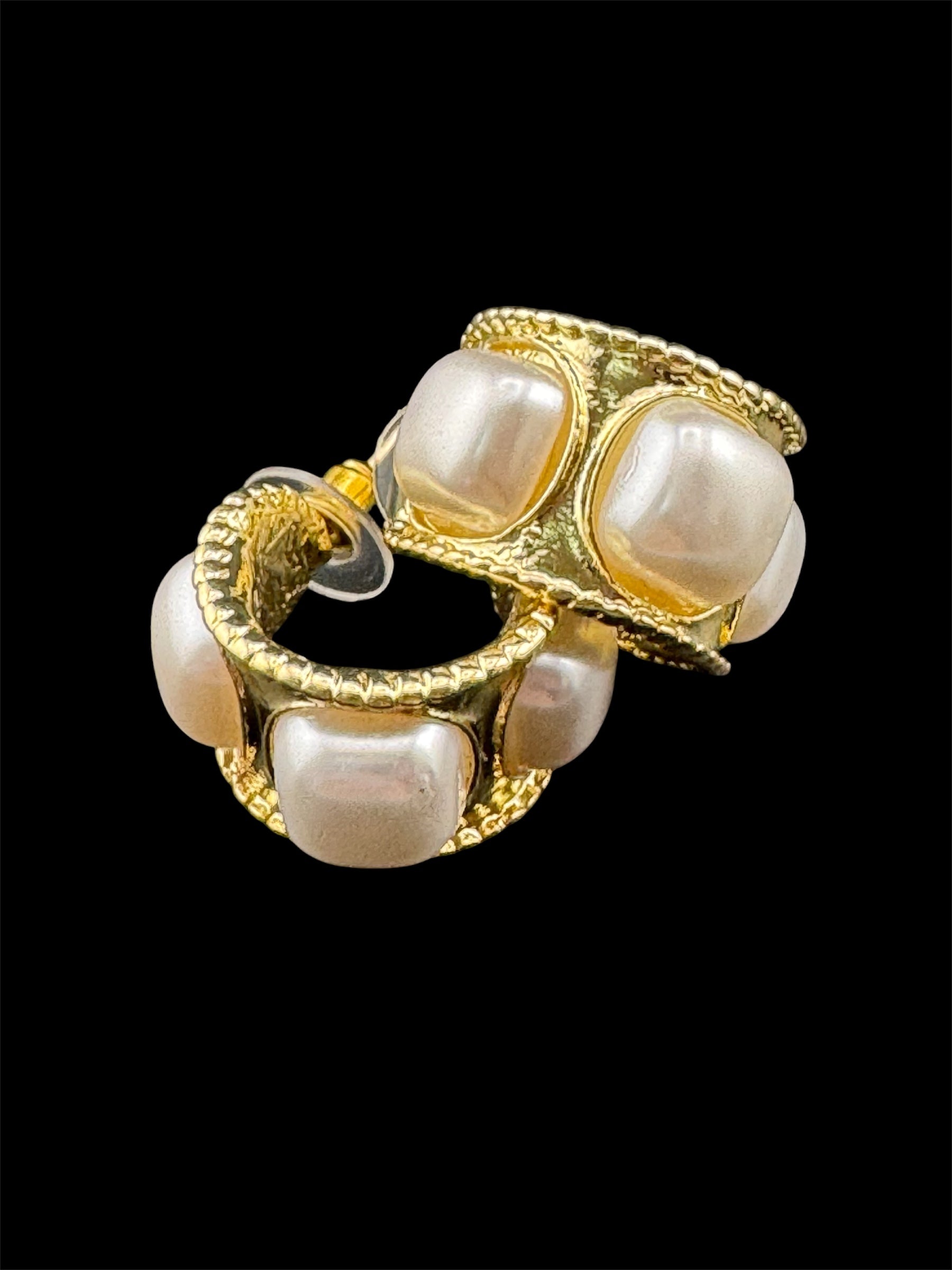 Etruscan style pearl wide hoop earrings