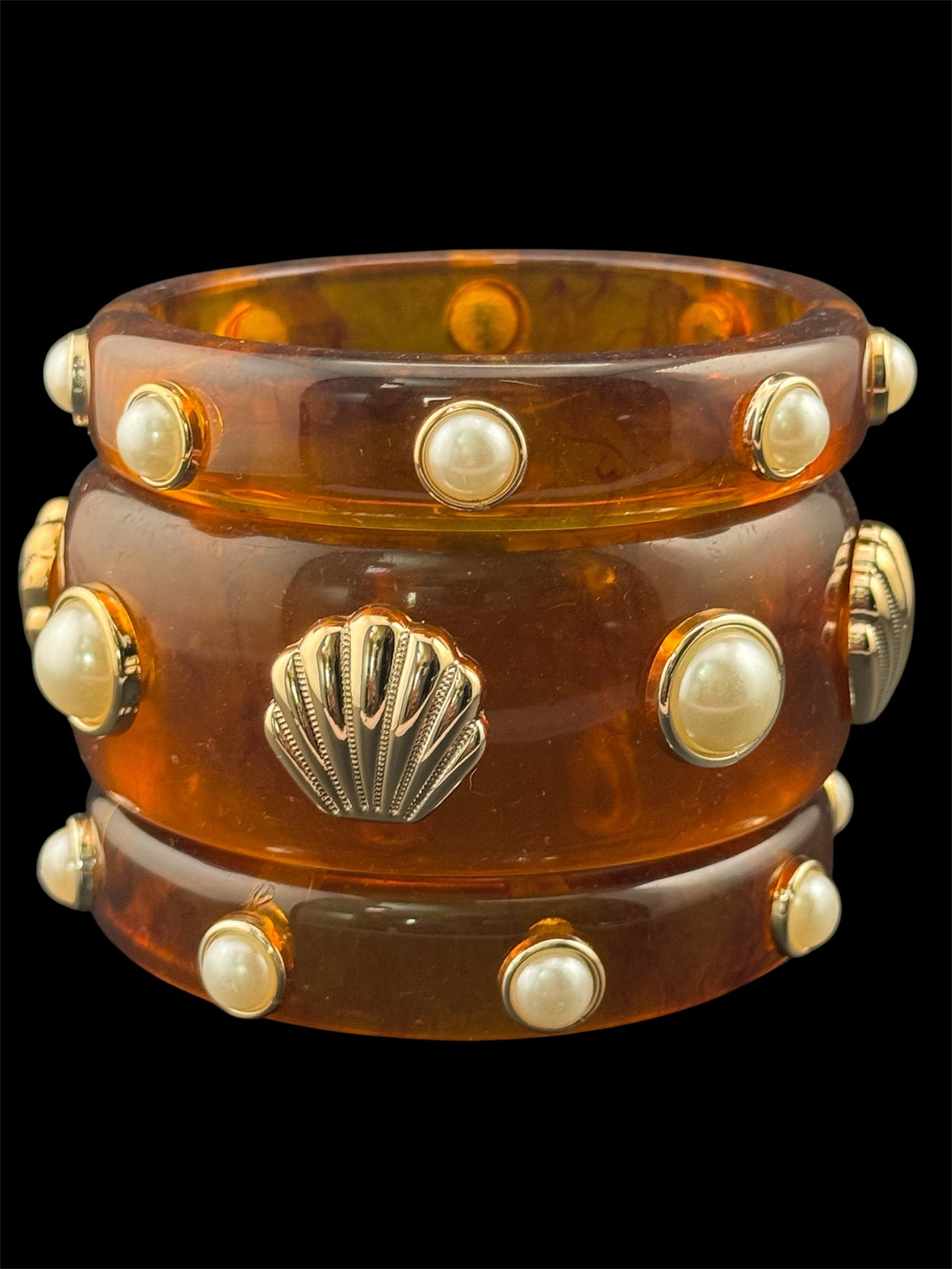 Nautical gold seashell faux tortoiseshell wide brown acrylic pearl plastic bangle bracelet