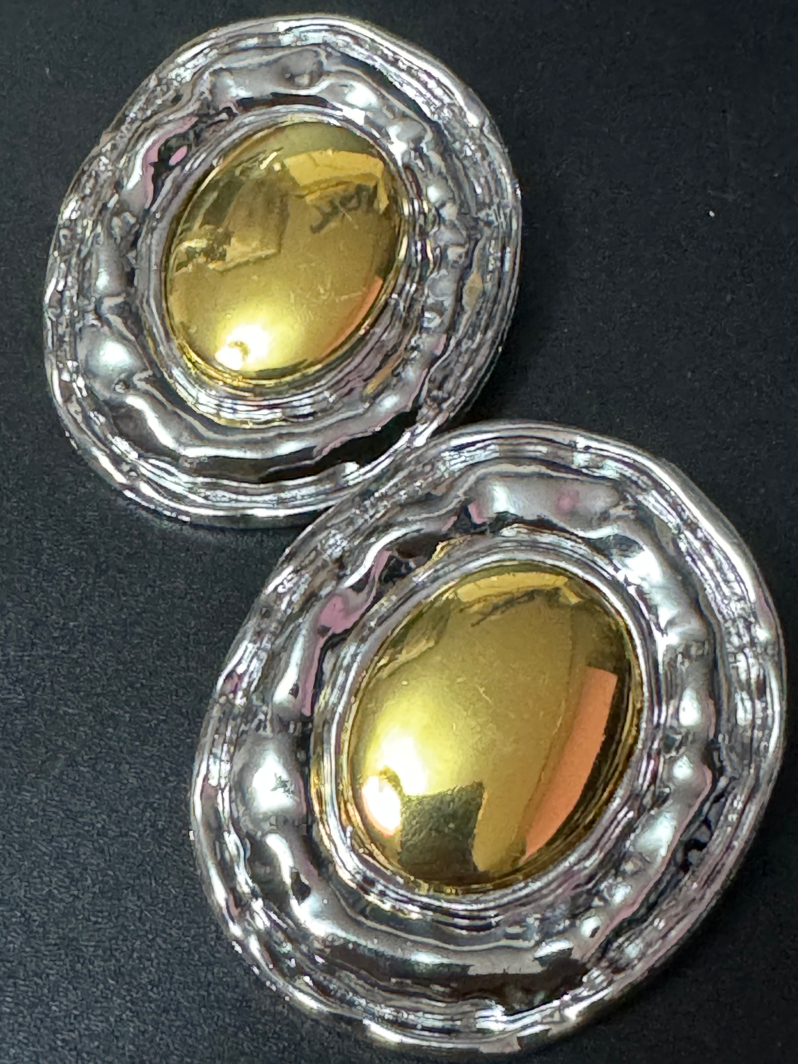 Oversized huge silver and gold tone statement Textured oval pierced stud earrings