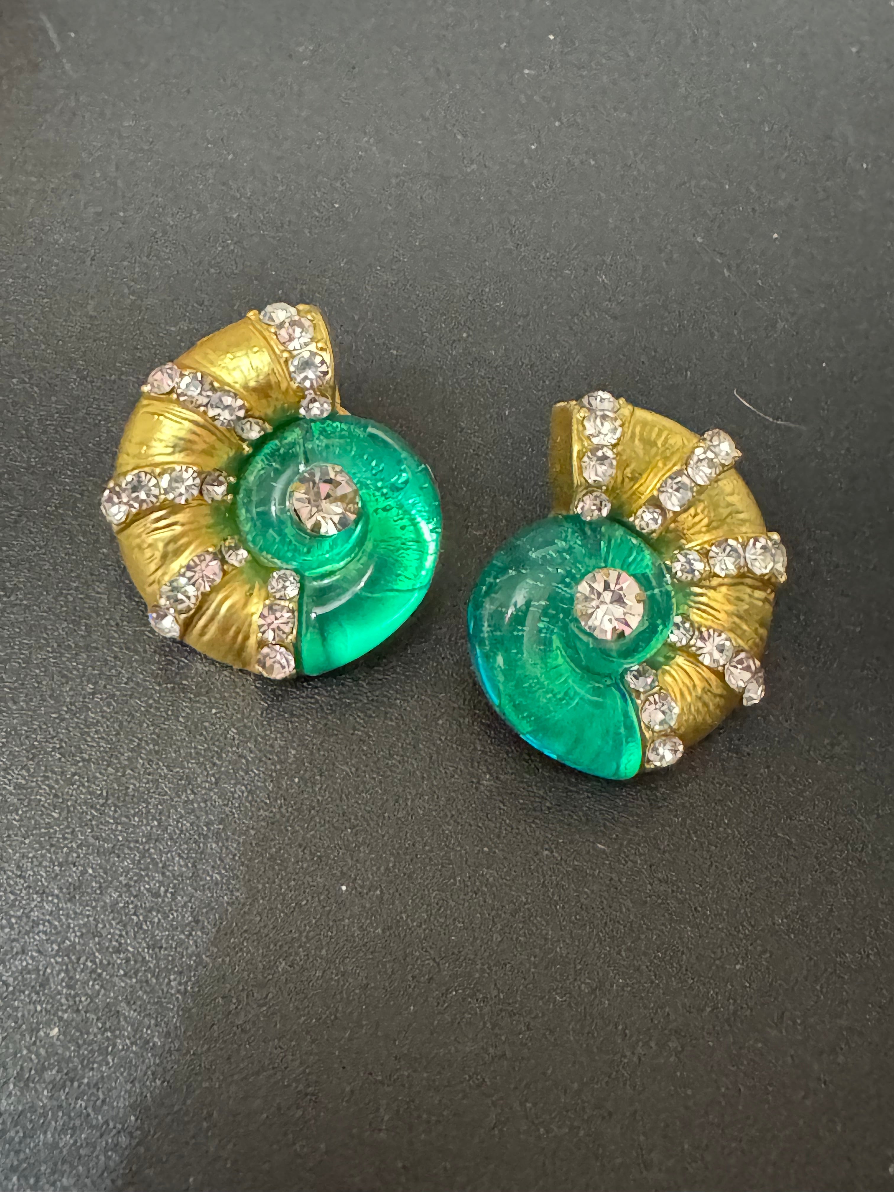 Diamanté crystal sea green acrylic gold tone ammonite seashell nautical earrings pierced