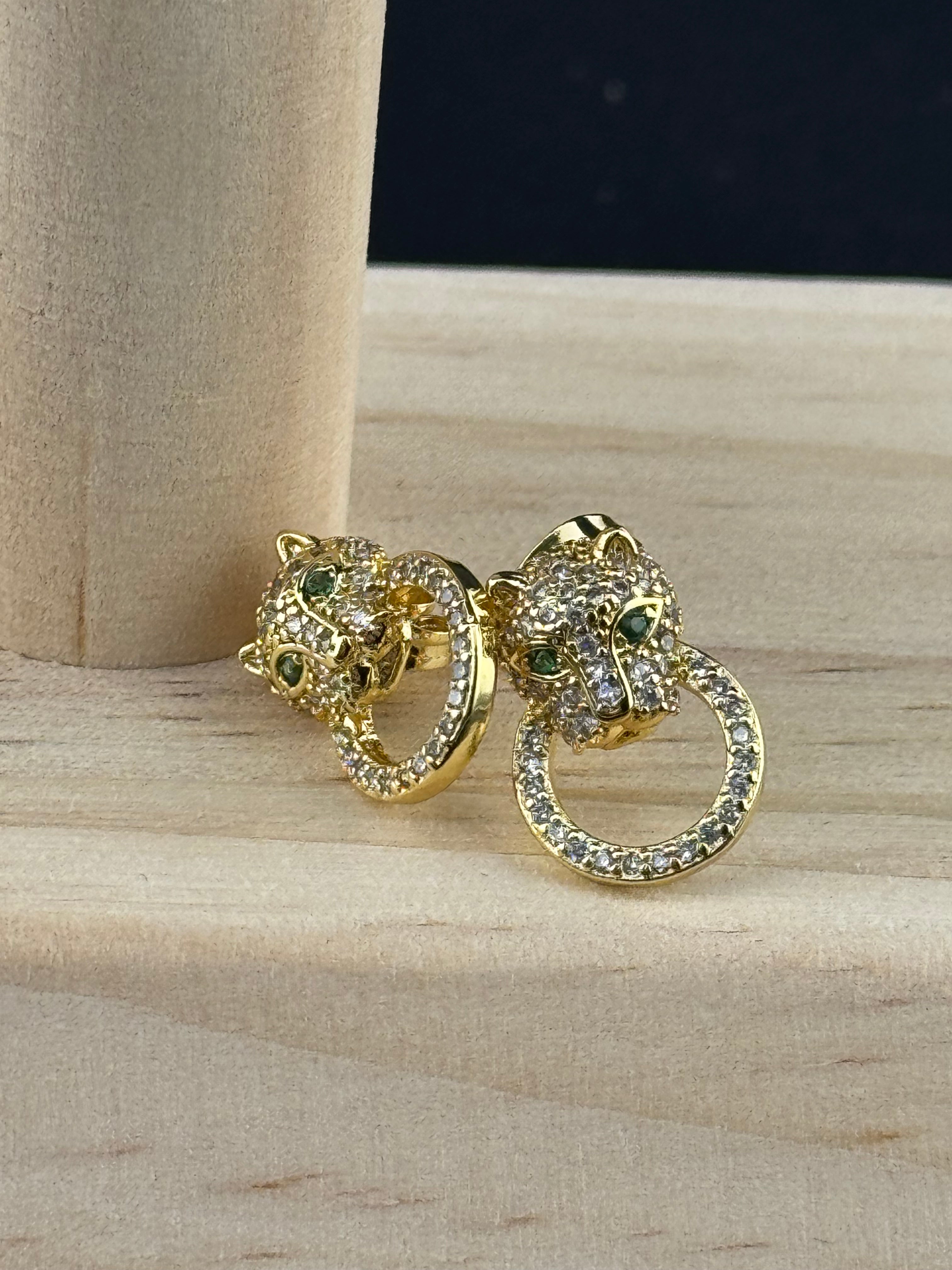 High end small gold plated Cz crystal leopard panther big cat stud earrings