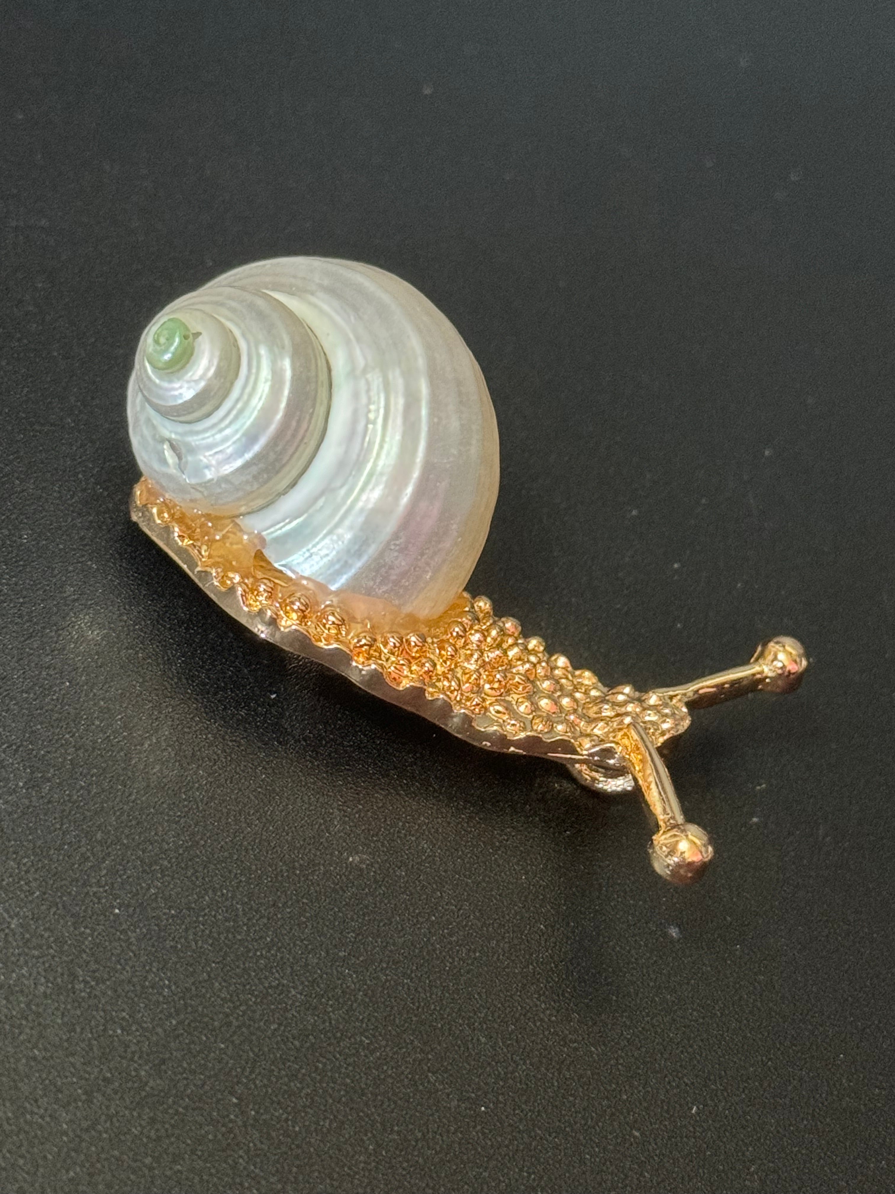 White seashell gold tone snail brooch