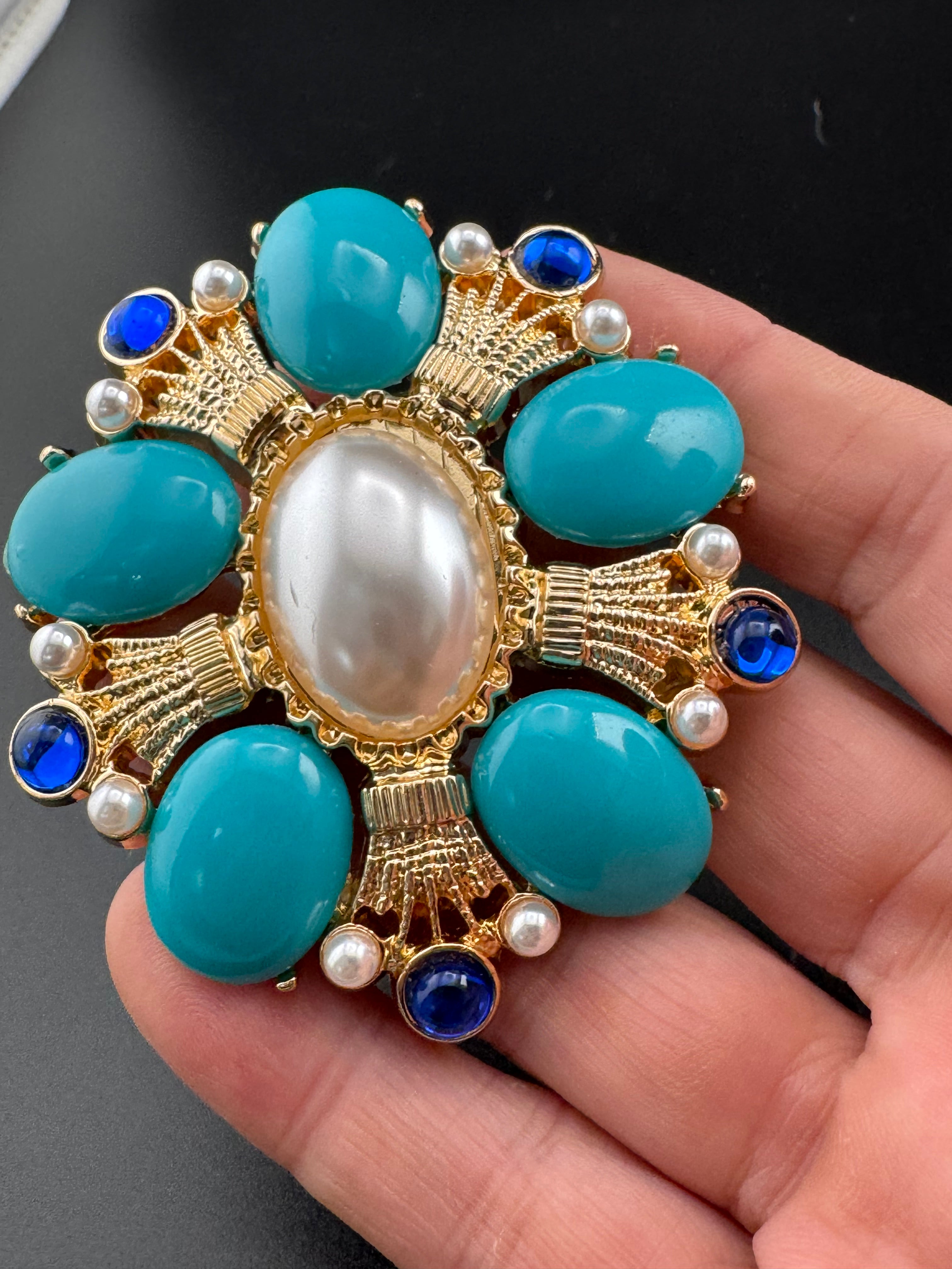 turquoise, sapphire and pearl oversized cabochon diamanté brooch