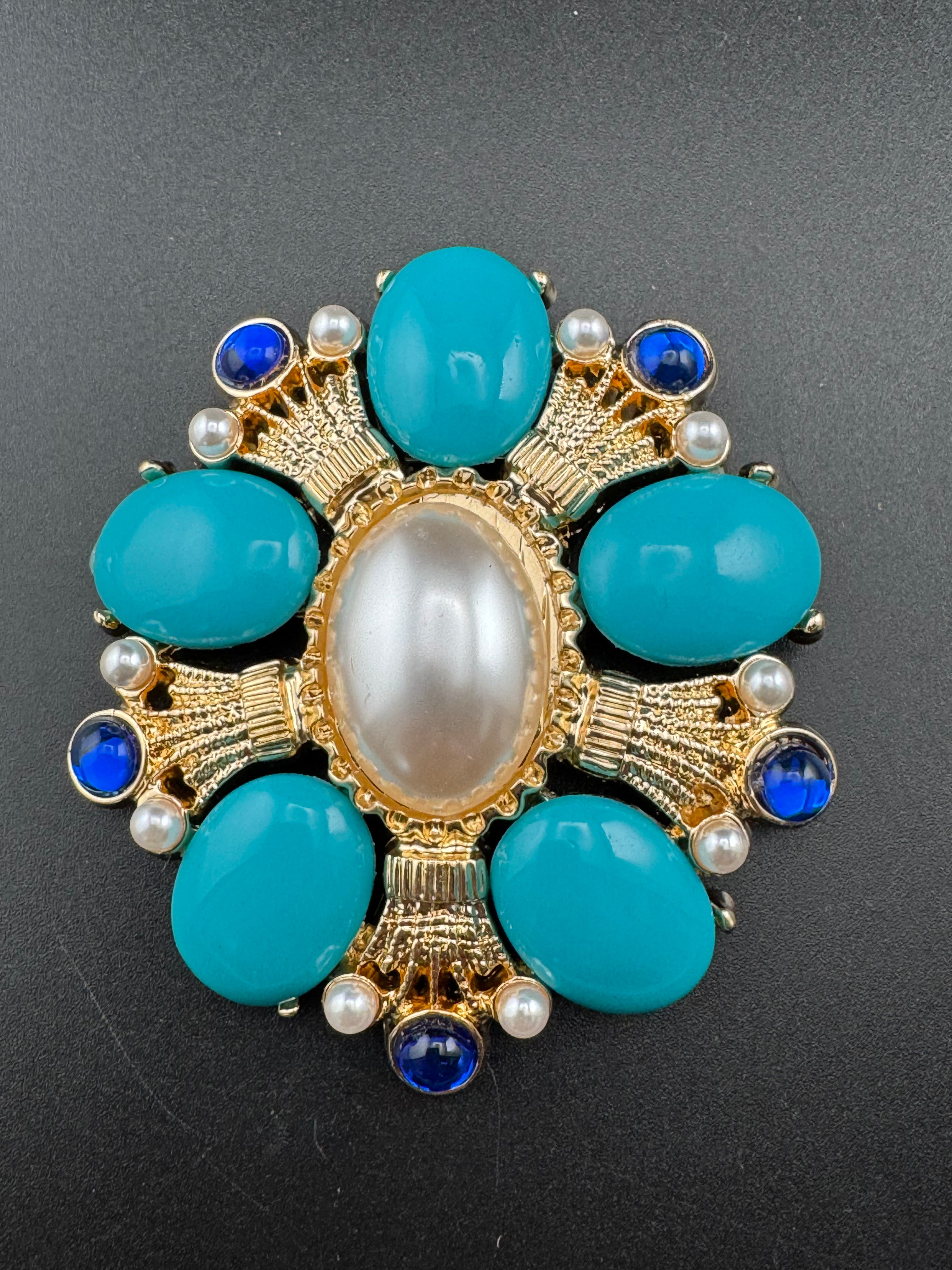 turquoise, sapphire and pearl oversized cabochon diamanté brooch