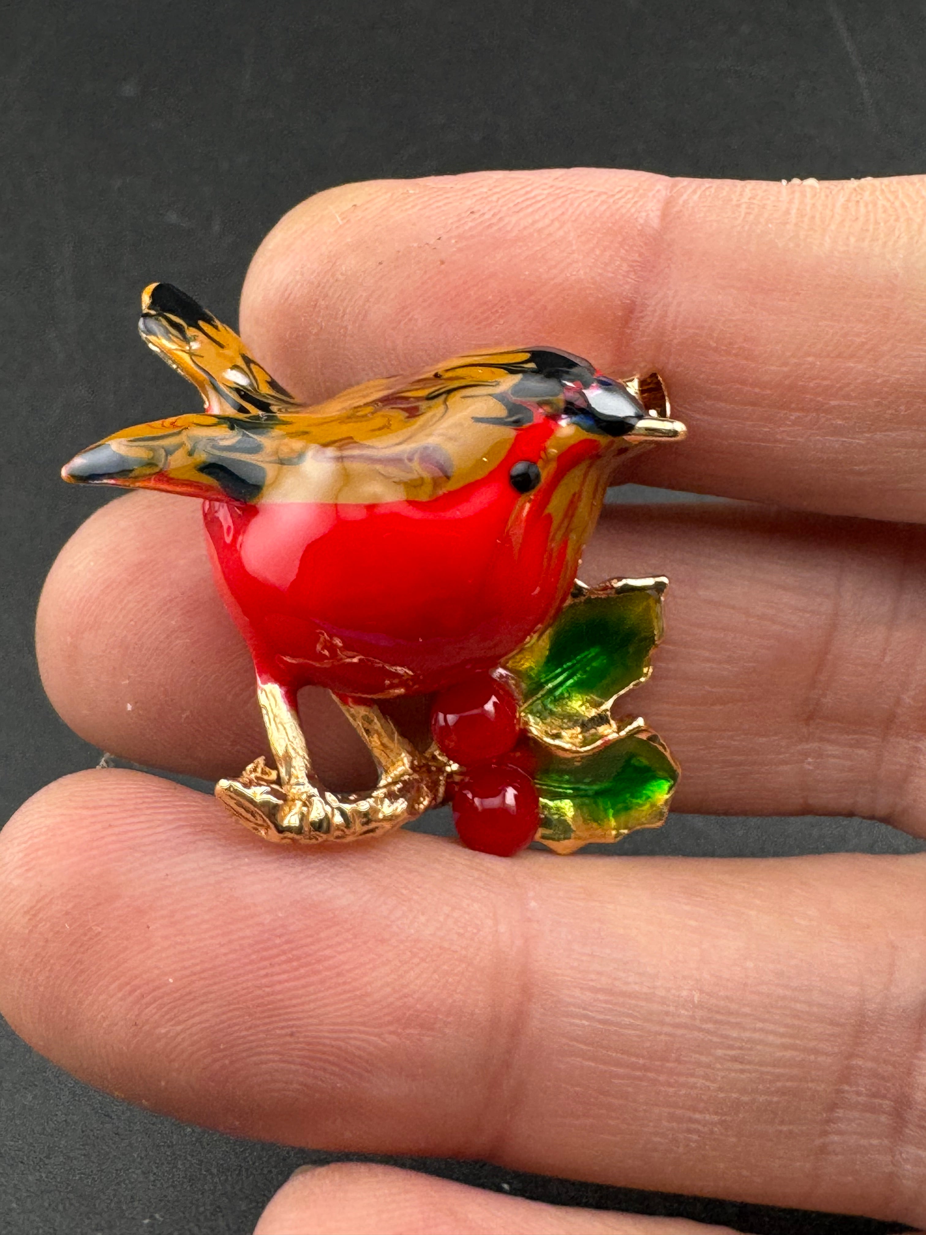 Enamel Christmas Robin bird brooch with holly