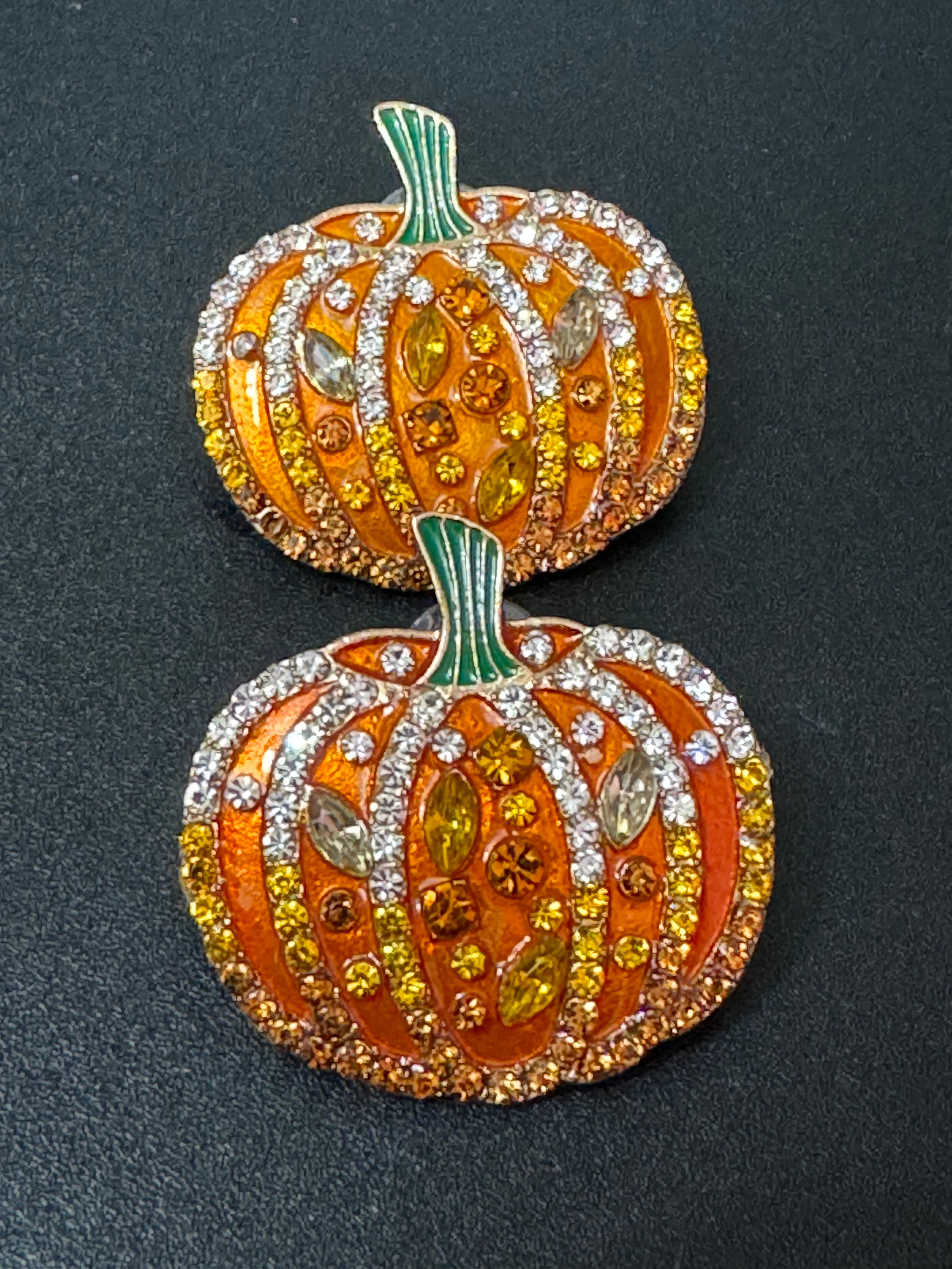 Oversized crystal orange enamel pumpkin earrings pierced