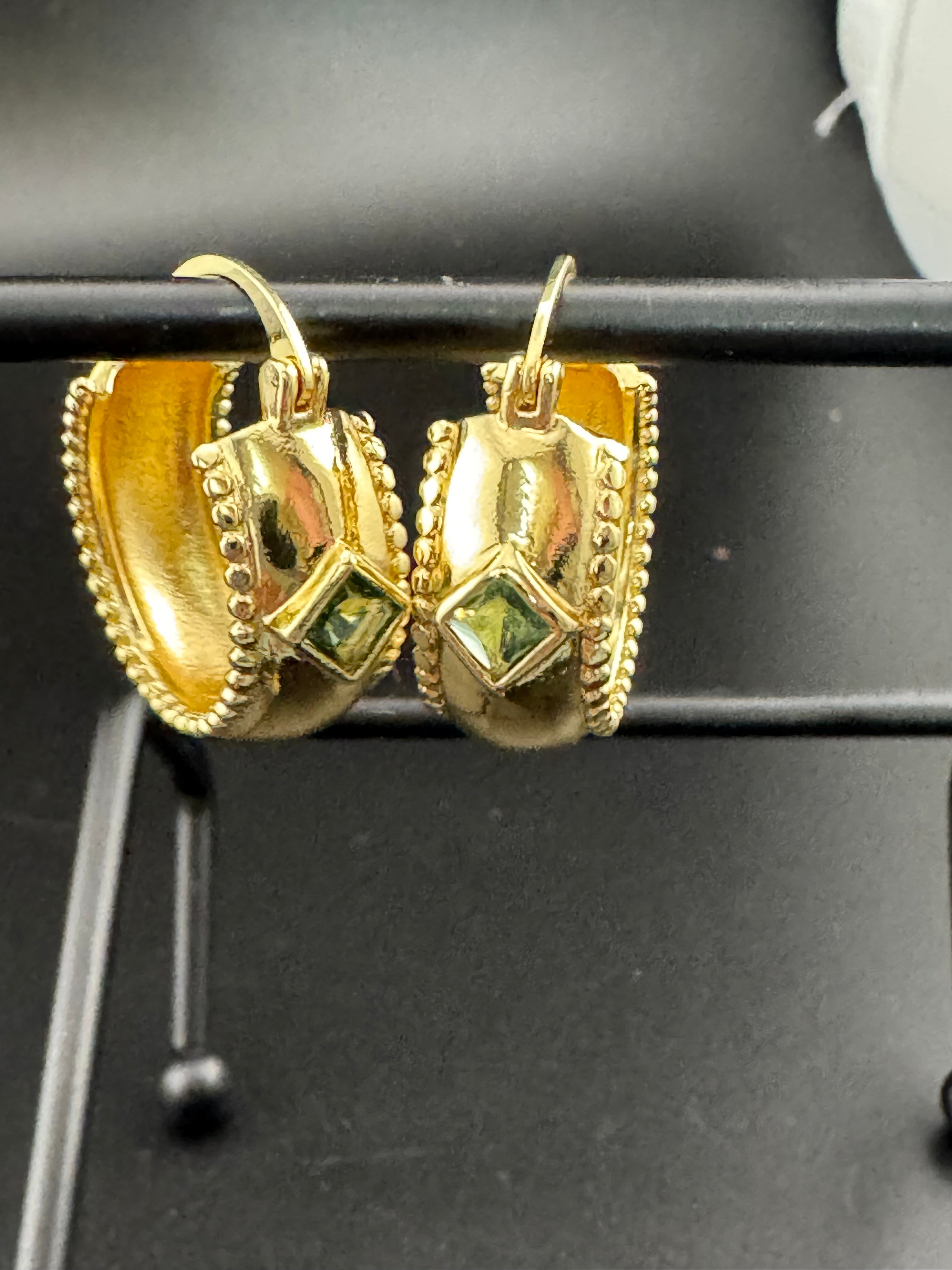 Wide crystal gold hoop earrings with pink emerald and tourmaline crystals
