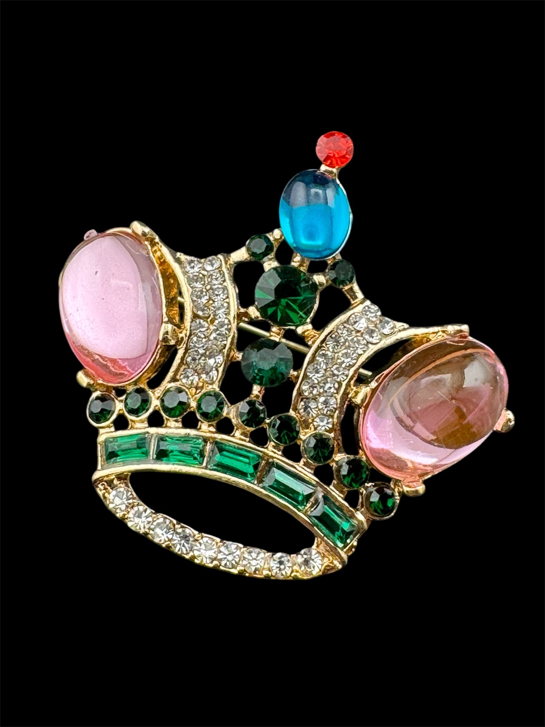 Royal crown brooch set with pink cabochons and coloured rhinestones